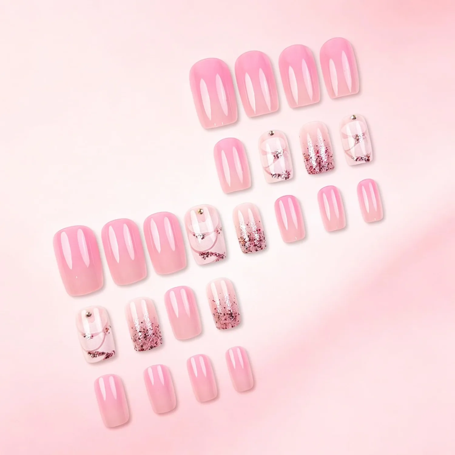White Petal Press on Nails Pink Ombre False Nails with Minimalist Design Glossy Purple Glitter Medium Square Glue on Fake Nail Shimmer Stick on Fingernails for Women Bridal Daily Wear