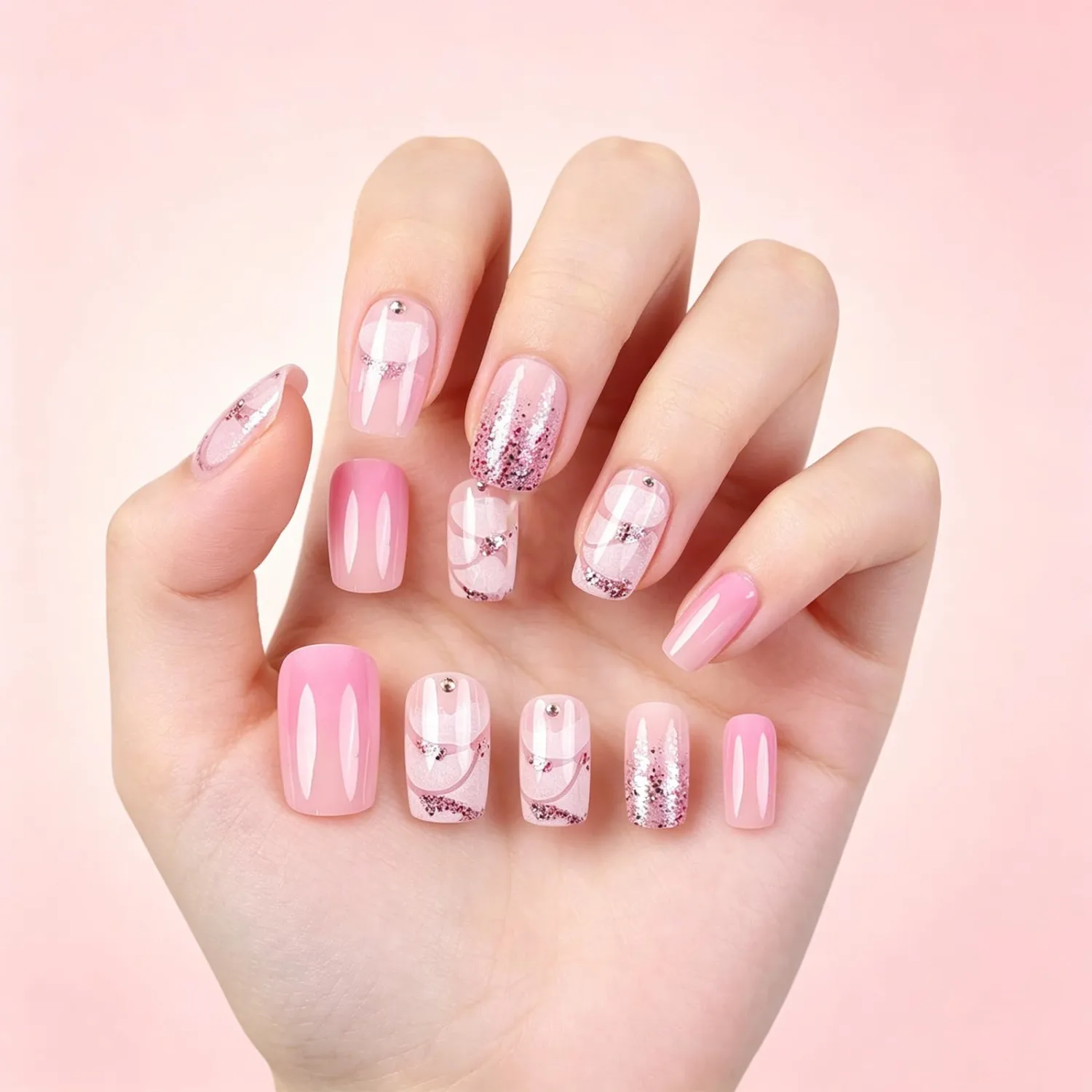 White Petal Press on Nails Pink Ombre False Nails with Minimalist Design Glossy Purple Glitter Medium Square Glue on Fake Nail Shimmer Stick on Fingernails for Women Bridal Daily Wear