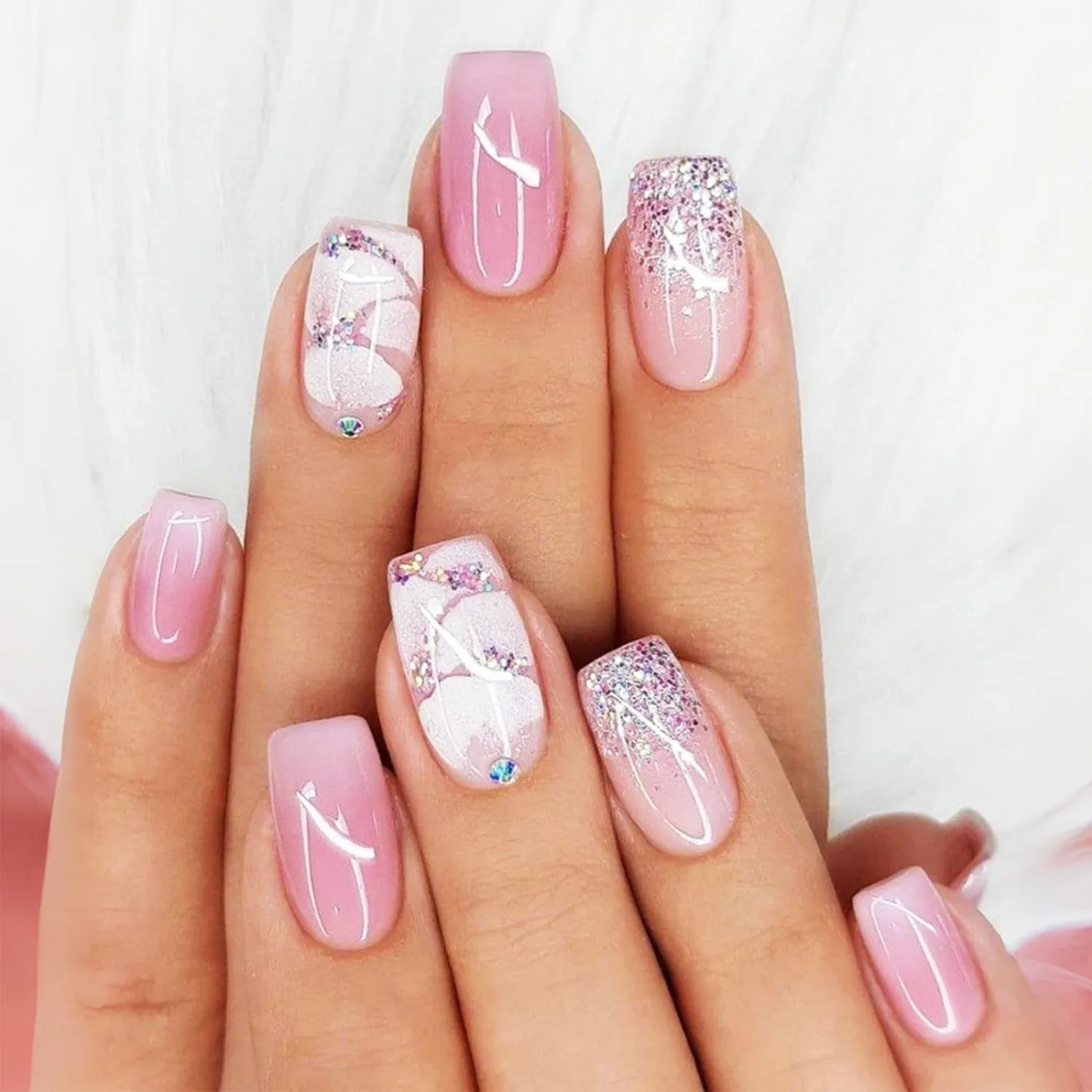 White Petal Press on Nails Pink Ombre False Nails with Minimalist Design Glossy Purple Glitter Medium Square Glue on Fake Nail Shimmer Stick on Fingernails for Women Bridal Daily Wear