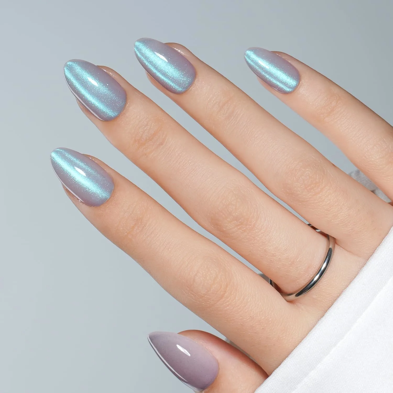 Cat Eye Press On Nails Almond - Moonlit Ash Short Almond Fake Nails, Short Cateye Press On Nails Reusable Stick On Nails in 16 Sizes, 32pcs False Nail Kit for Women & Girls (Moonlit Ash)