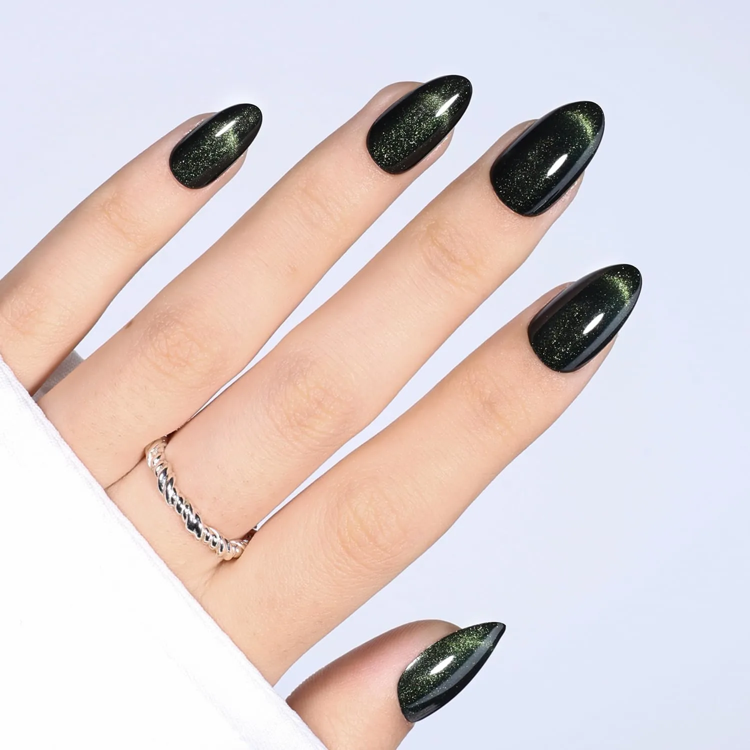 Cat Eye French Tip Press On Nails Almond - Green Short Almond Fake Nails, Dark Green Cateye Press On Nails Reusable Stick On Nails in 16 Sizes 32pcs False Nail Kit for Women(Luminous Dark)