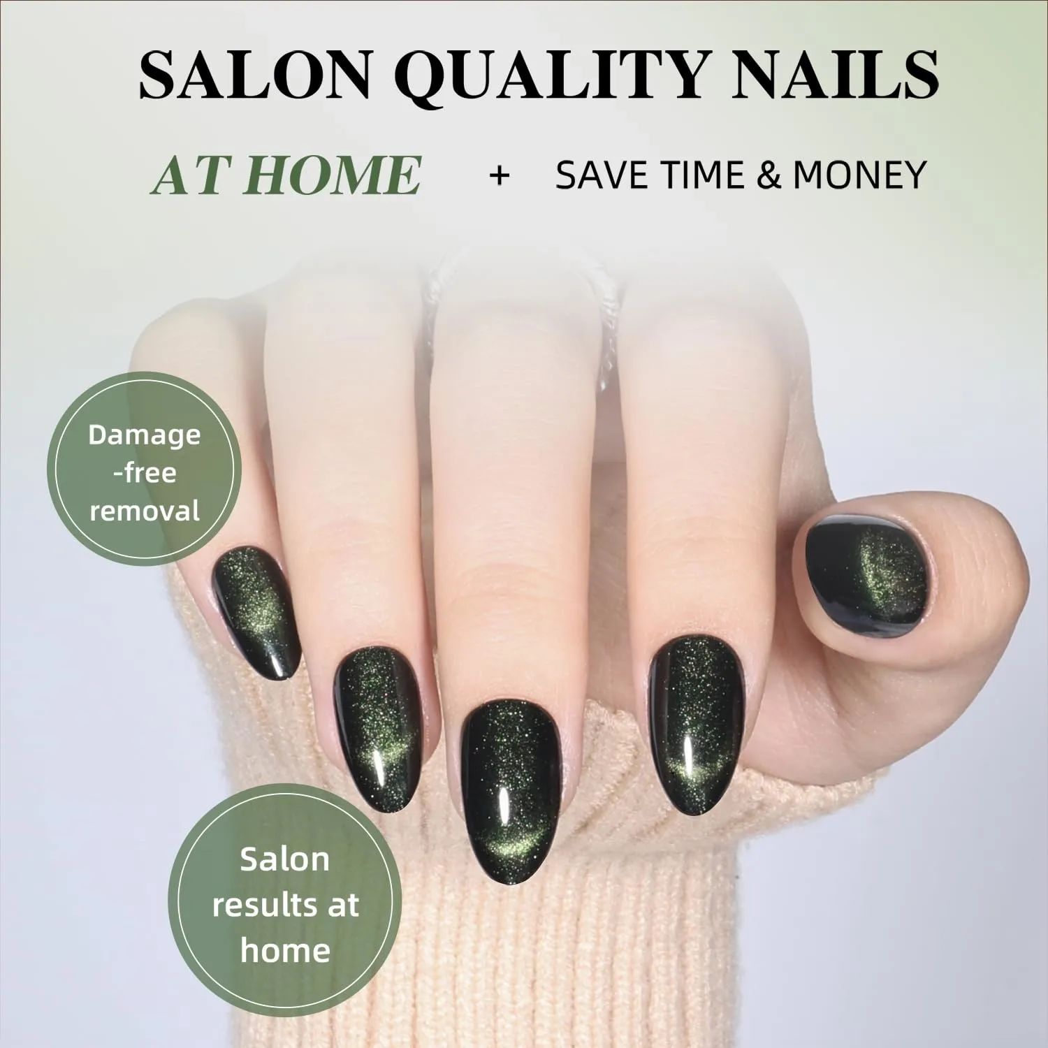 Cat Eye French Tip Press On Nails Almond - Green Short Almond Fake Nails, Dark Green Cateye Press On Nails Reusable Stick On Nails in 16 Sizes 32pcs False Nail Kit for Women(Luminous Dark)