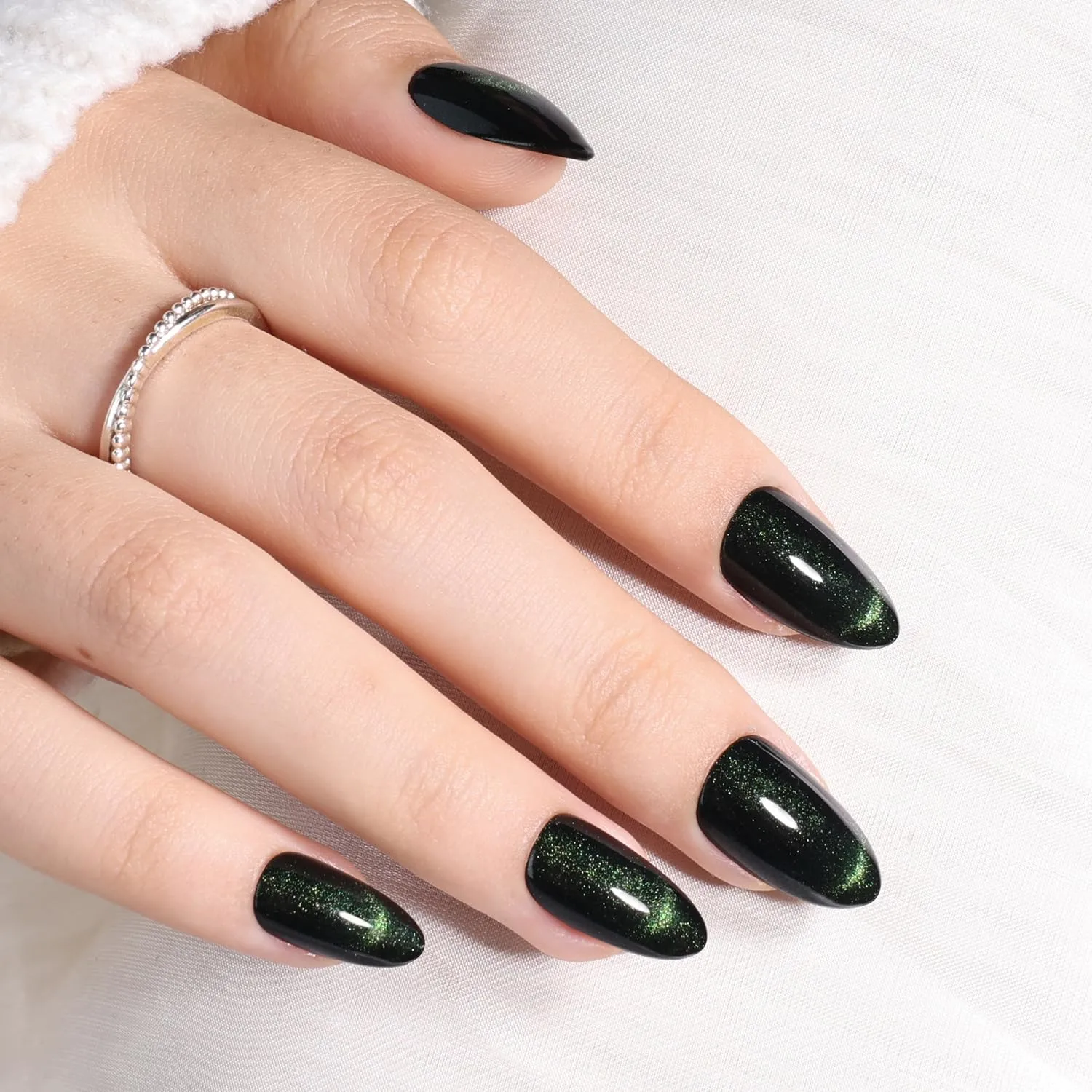 Cat Eye French Tip Press On Nails Almond - Green Short Almond Fake Nails, Dark Green Cateye Press On Nails Reusable Stick On Nails in 16 Sizes 32pcs False Nail Kit for Women(Luminous Dark)