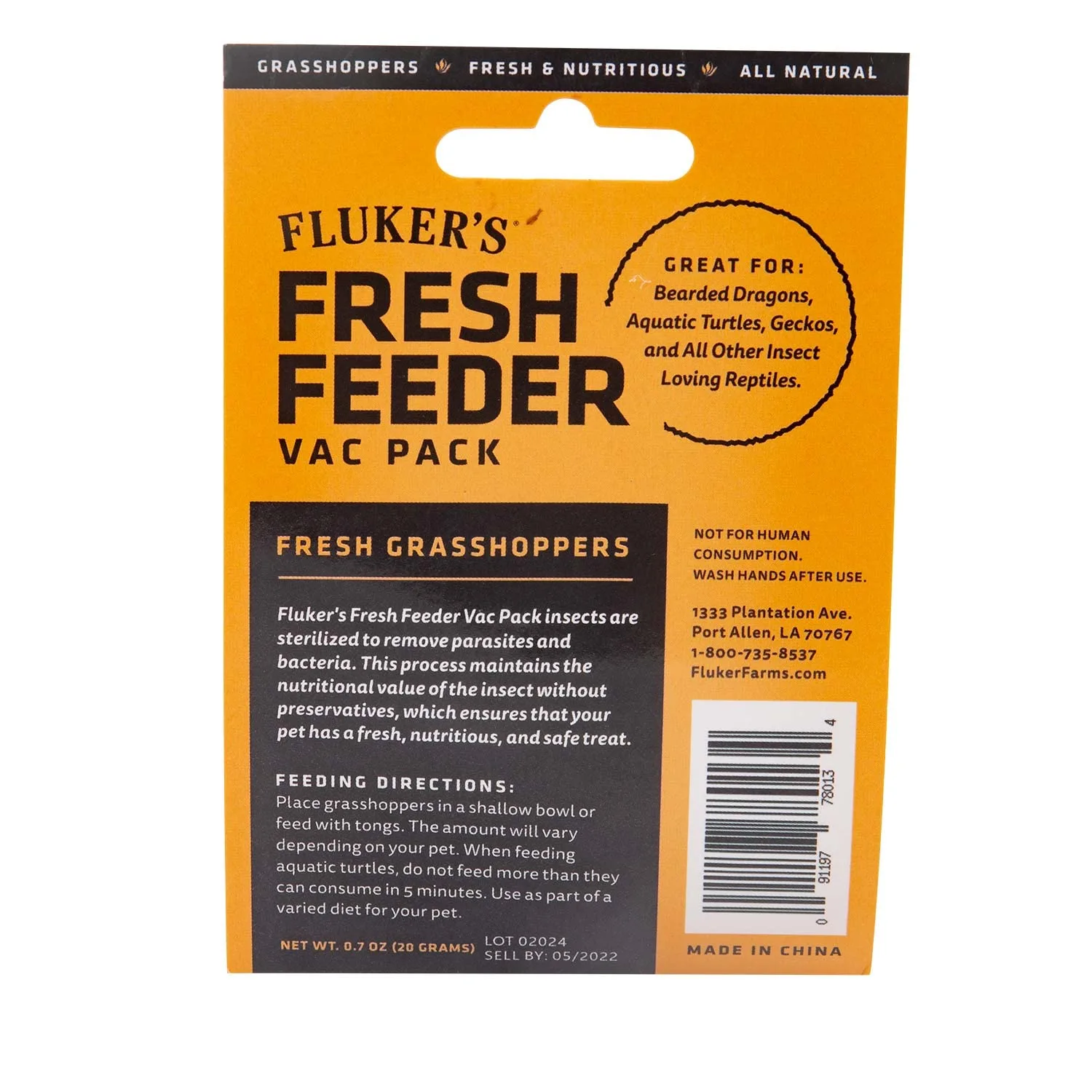 Fluker's Fresh Feeder Vac Pack Grasshoppers, All Natural and Preservative Free, Great for Insect Eating Reptiles, Birds, or Small Animals, 0.7 oz