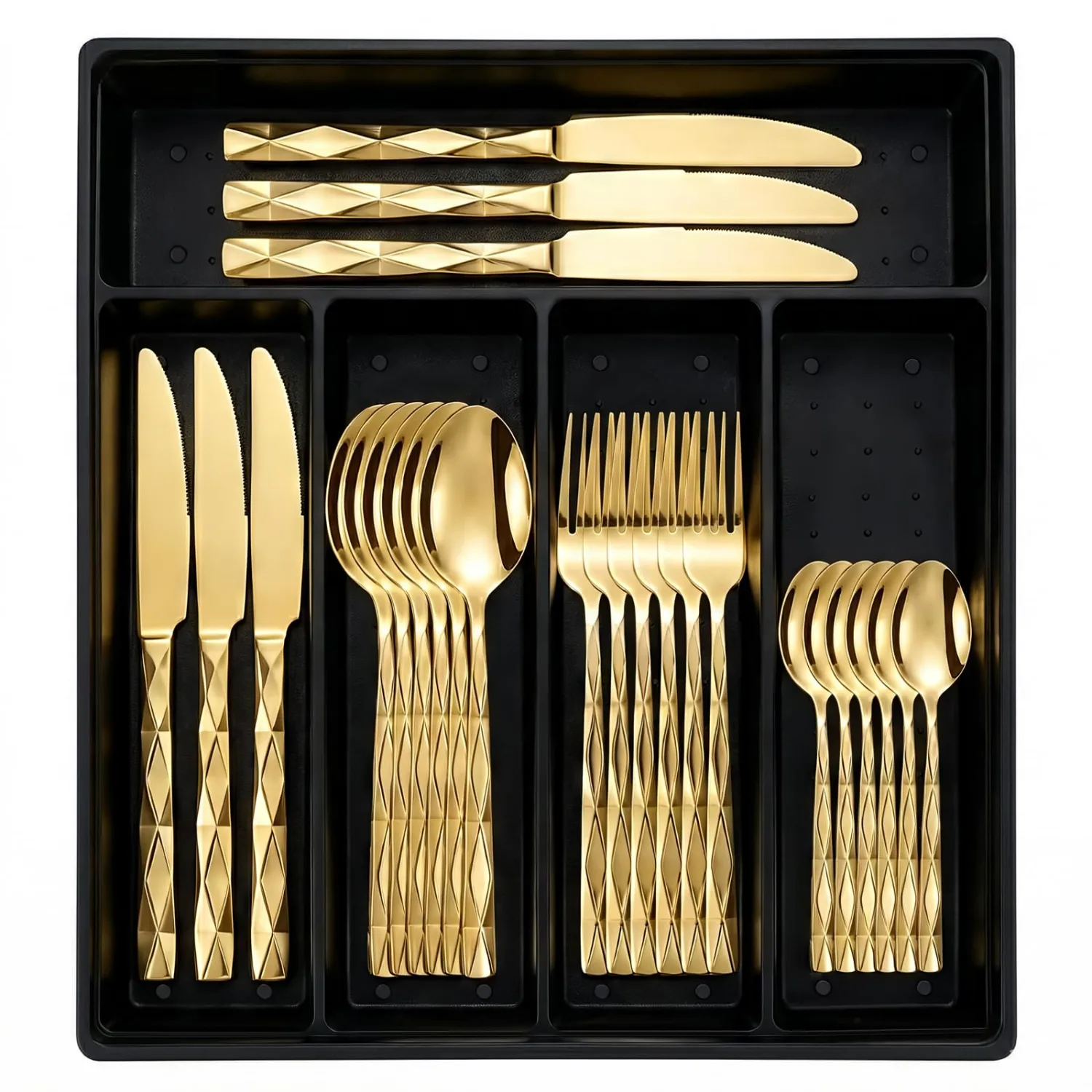 24-Piece Flatware Set with Organizer,Heavy Duty Stainless Steel Silverware for 6,Pink Cutlery Utensil Sets with Antiskid Handle，Rust-proof Stainless Steel Cutlery, Mirror Polished (Gold)