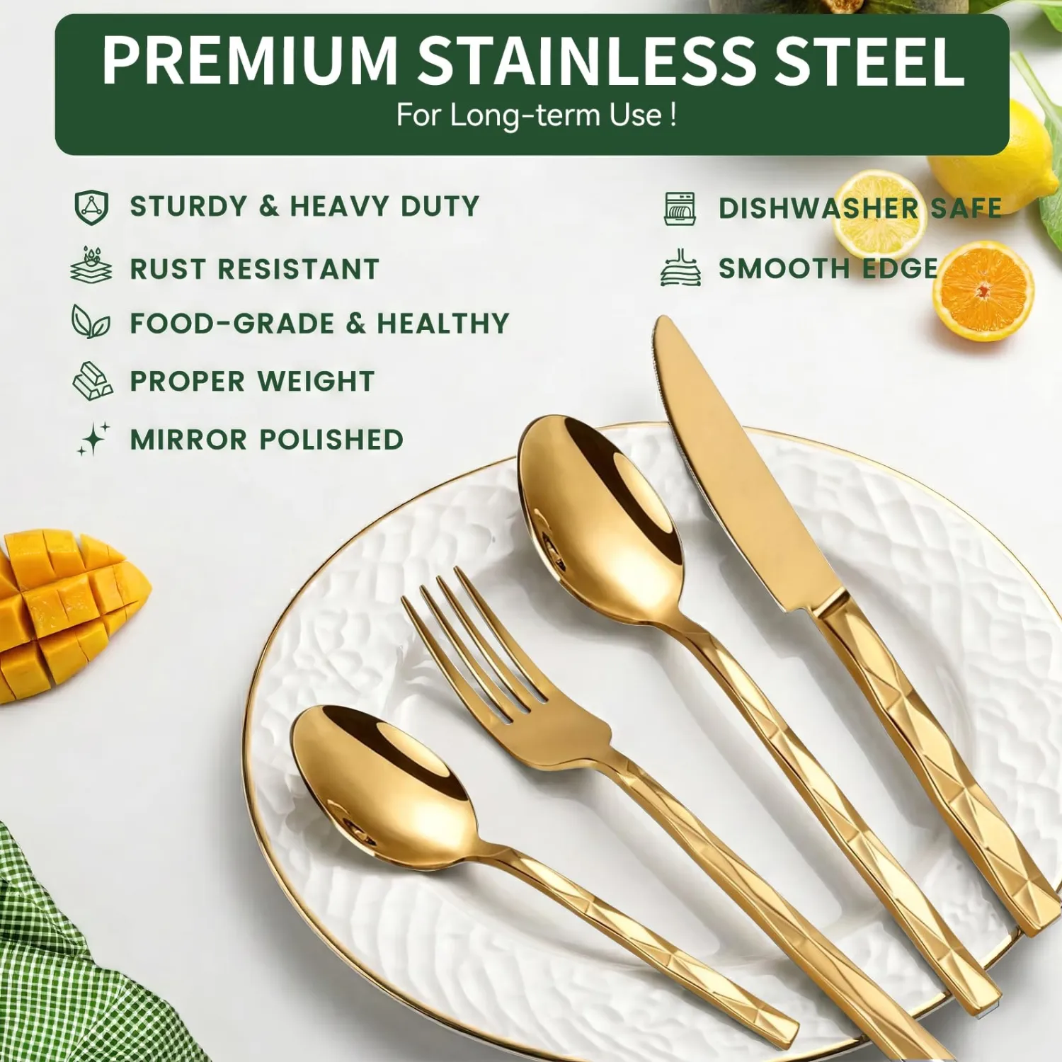 24-Piece Flatware Set with Organizer,Heavy Duty Stainless Steel Silverware for 6,Pink Cutlery Utensil Sets with Antiskid Handle，Rust-proof Stainless Steel Cutlery, Mirror Polished (Gold)