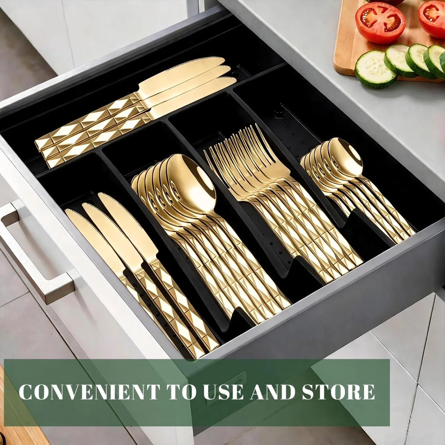 24-Piece Flatware Set with Organizer,Heavy Duty Stainless Steel Silverware for 6,Pink Cutlery Utensil Sets with Antiskid Handle，Rust-proof Stainless Steel Cutlery, Mirror Polished (Gold)