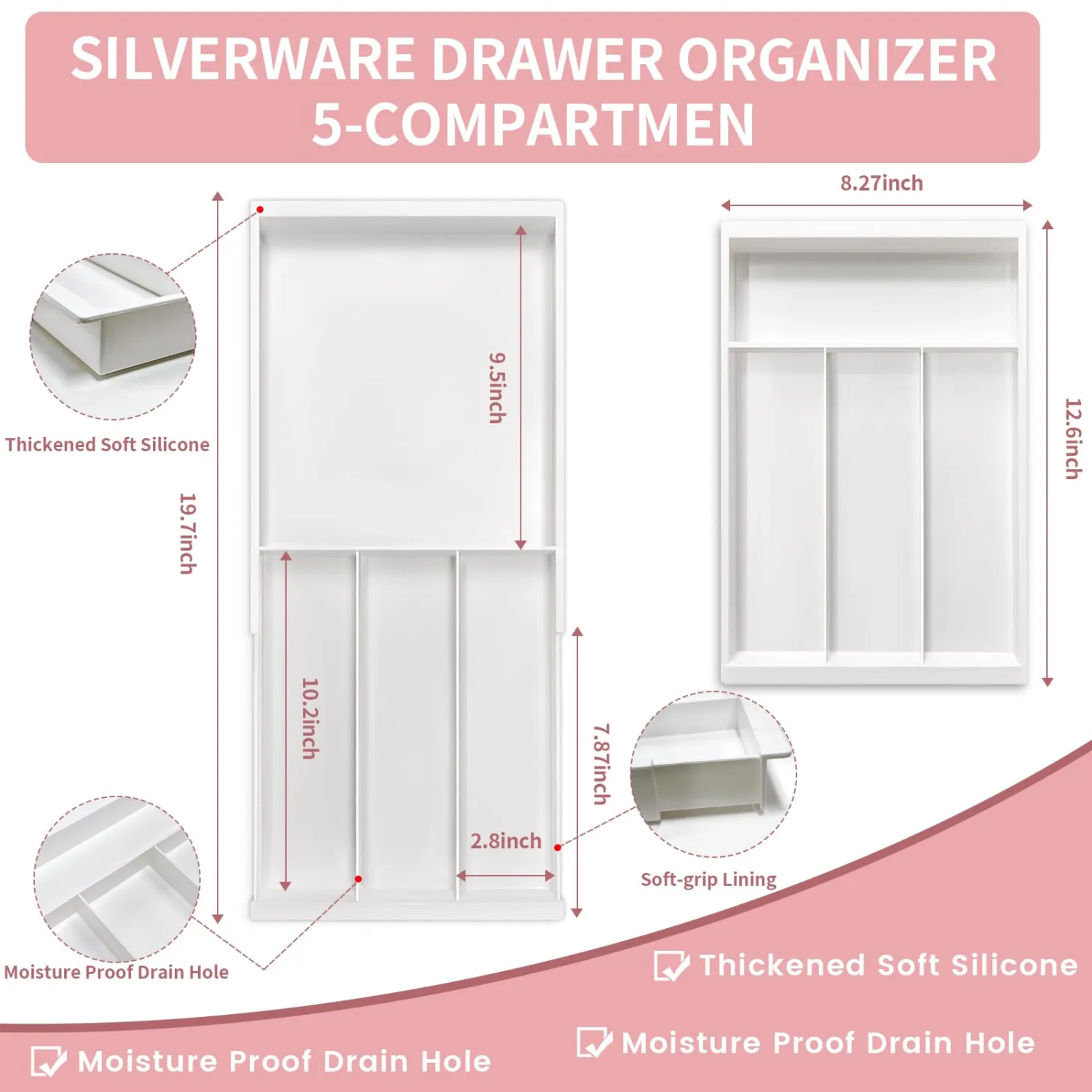 24-Piece Flatware Set with Organizer,Heavy Duty Stainless Steel Silverware for 6,Pink Cutlery Utensil Sets with Antiskid Handle,Rust-proof Stainless Steel Cutlery, Mirror Polished (Pink Silver)