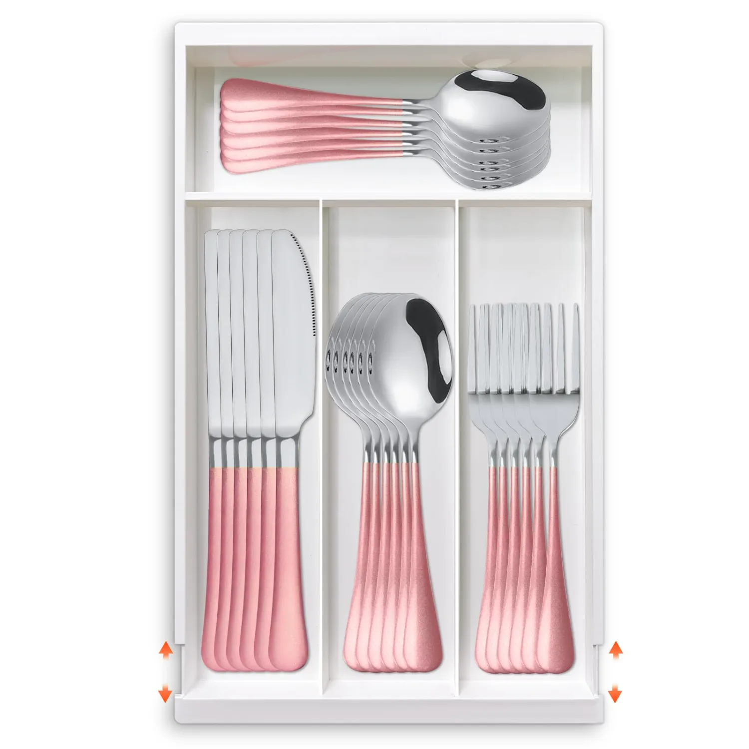 24-Piece Flatware Set with Organizer,Heavy Duty Stainless Steel Silverware for 6,Pink Cutlery Utensil Sets with Antiskid Handle,Rust-proof Stainless Steel Cutlery, Mirror Polished (Pink Silver)