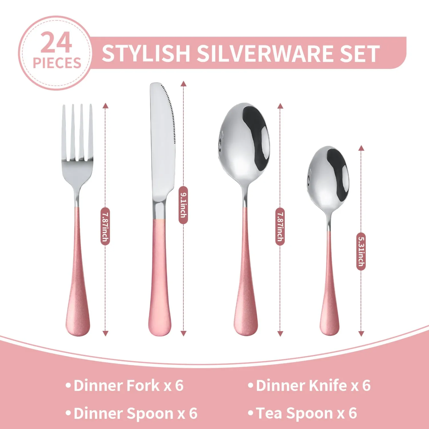 24-Piece Flatware Set with Organizer,Heavy Duty Stainless Steel Silverware for 6,Pink Cutlery Utensil Sets with Antiskid Handle,Rust-proof Stainless Steel Cutlery, Mirror Polished (Pink Silver)