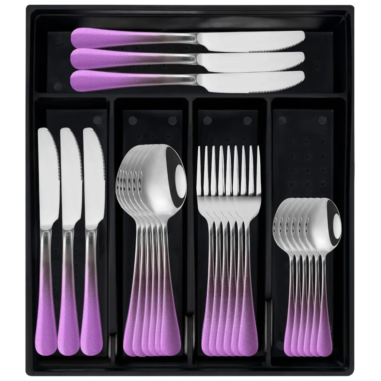 24-Piece Flatware Set with Organizer,Heavy Duty Stainless Steel Silverware for 6,Pink Cutlery Utensil Sets with Antiskid Handle,Rust-proof Stainless Steel Cutlery, Mirror Polished (Purple)