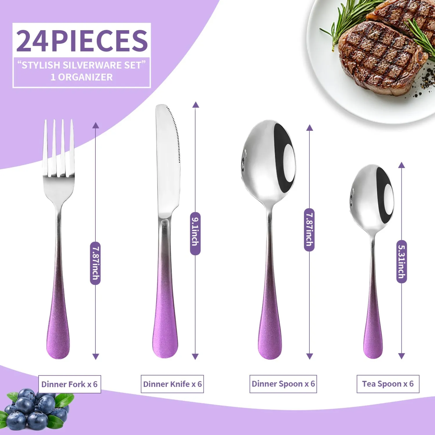 24-Piece Flatware Set with Organizer,Heavy Duty Stainless Steel Silverware for 6,Pink Cutlery Utensil Sets with Antiskid Handle,Rust-proof Stainless Steel Cutlery, Mirror Polished (Purple)
