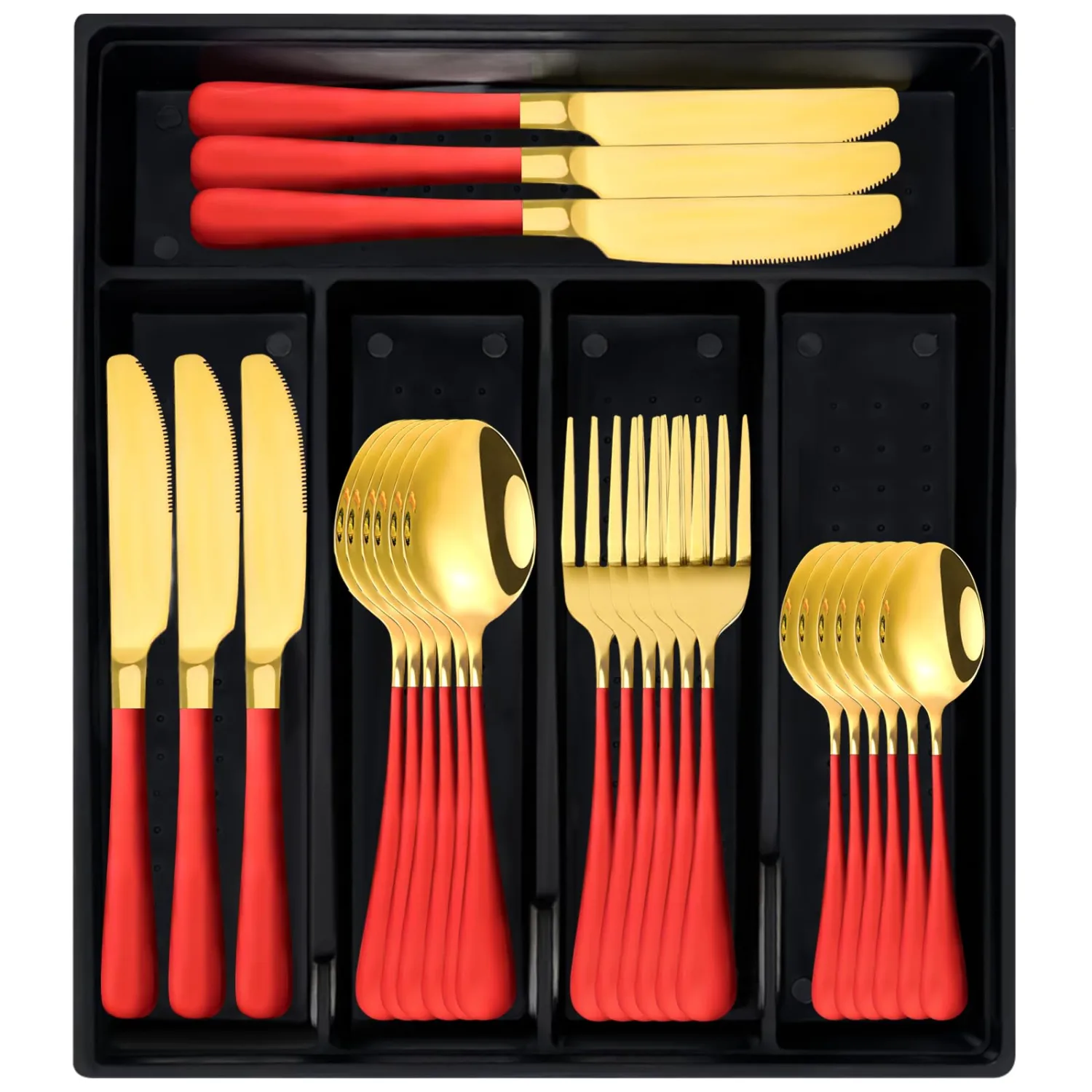 24-Piece Flatware Set with Organizer,Heavy Duty Stainless Steel Silverware for 6,Pink Cutlery Utensil Sets with Antiskid Handle，Rust-proof Stainless Steel Cutlery, Mirror Polished (Red)