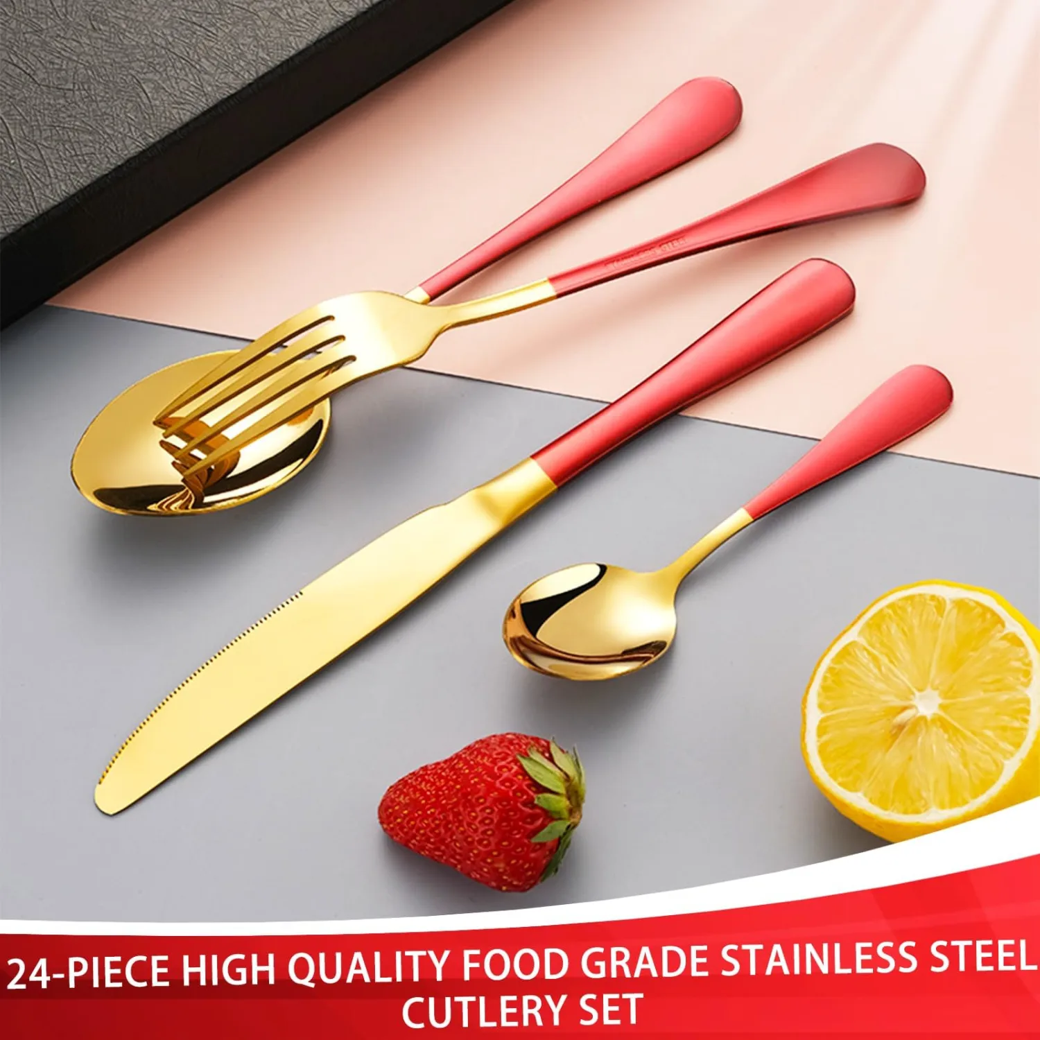 24-Piece Flatware Set with Organizer,Heavy Duty Stainless Steel Silverware for 6,Pink Cutlery Utensil Sets with Antiskid Handle，Rust-proof Stainless Steel Cutlery, Mirror Polished (Red)