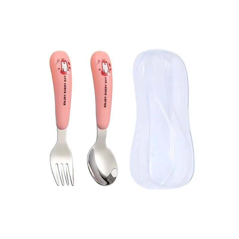 Silverware Set, 2/8/12/16/20/24 Pcs 304 Stainless Steel Cartoon Cutlery Household Portable Spoon Fork Two-piece Set, Home Flatware Set(Pink,2 Piece set for 1)