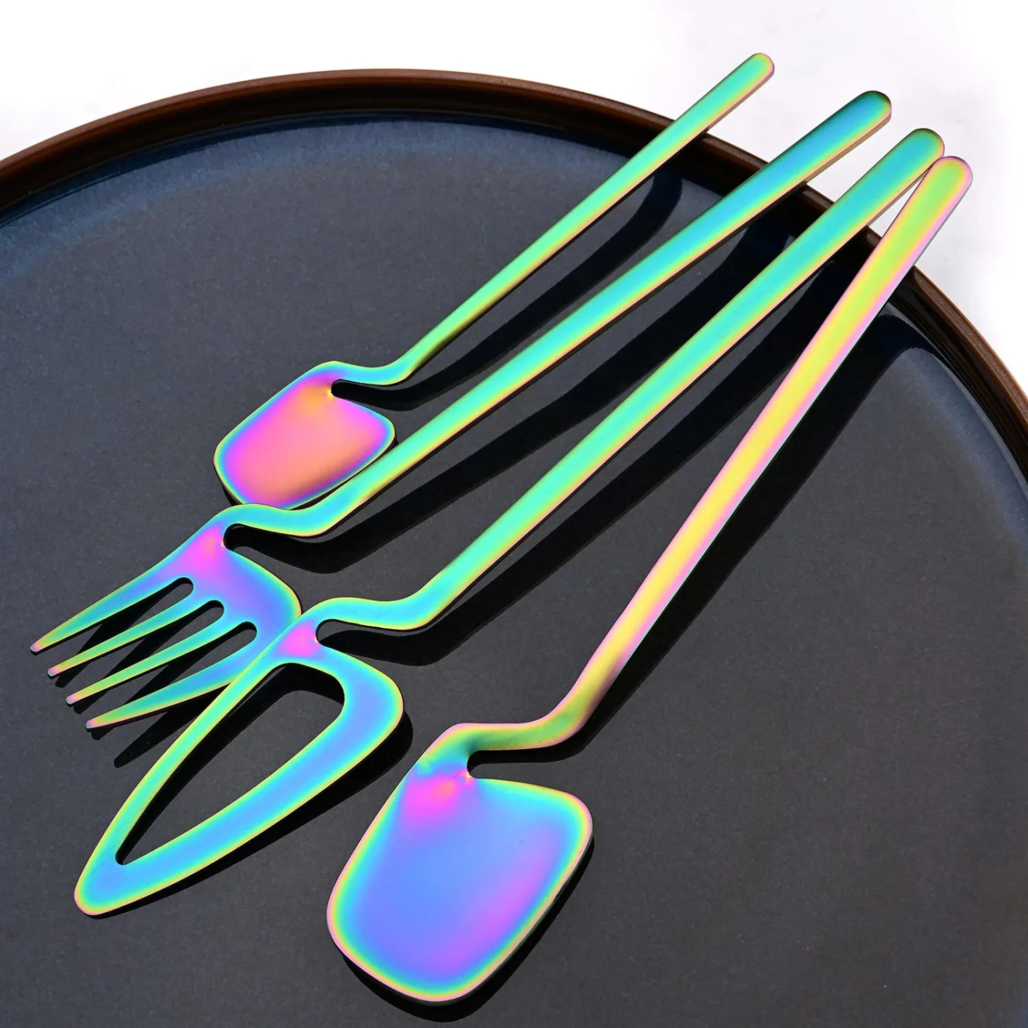 Luxury Matte Black Silverware Set, 32-Piece 304 Stainless Steel Flatware Sets for 8, Unique Hangable cup Silverware Cutlery Utensil Set for Home, Kitchen and Restaurant （Rainbow）