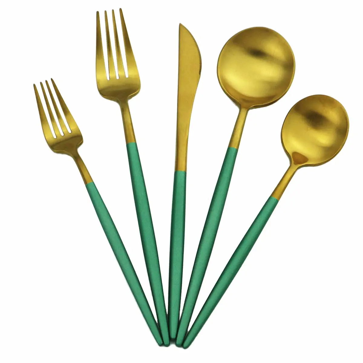 Green Handle Matte Gold Silverware, Gugrida 5-Piece 18/10 Stainless Steel Flatware Set, Kitchen Utensils, Tableware Travel Cutlery for Camping Office Lunch, Satin Finish, Dishwasher Safe