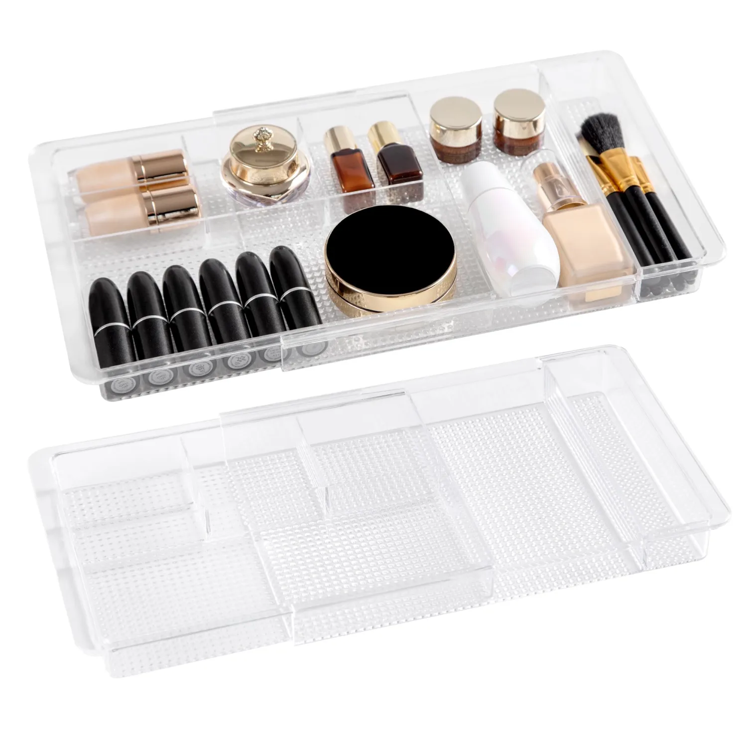 Oubonun Expandable Drawer Organizer 11.1” to 19.2” Width, Shallow Cosmetic Organizer 1.3” Height, 2 Packs, Clear Plastic Storage Trays for Dressing Table,Bathroom