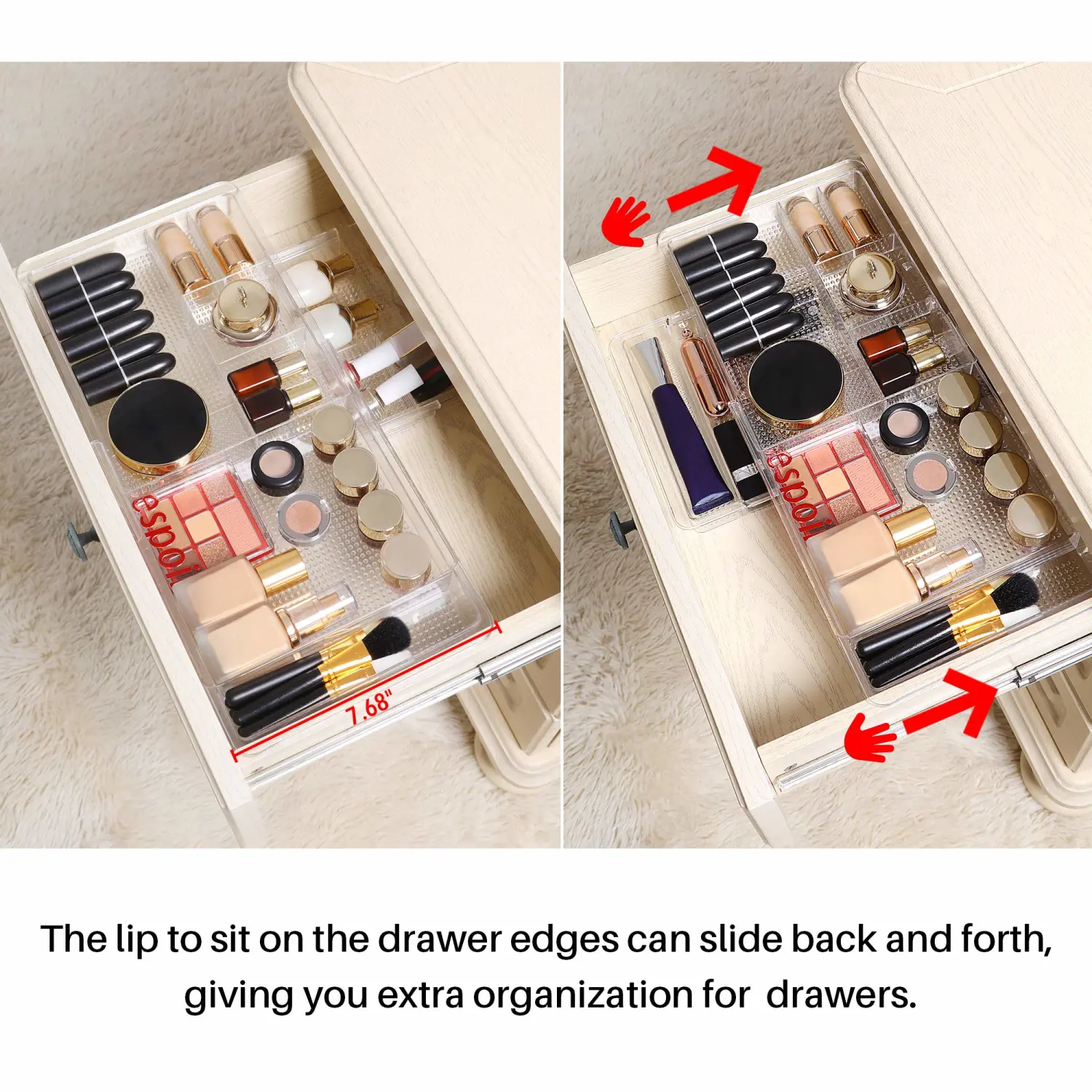 Oubonun Expandable Drawer Organizer 11.1” to 19.2” Width, Shallow Cosmetic Organizer 1.3” Height, 2 Packs, Clear Plastic Storage Trays for Dressing Table,Bathroom