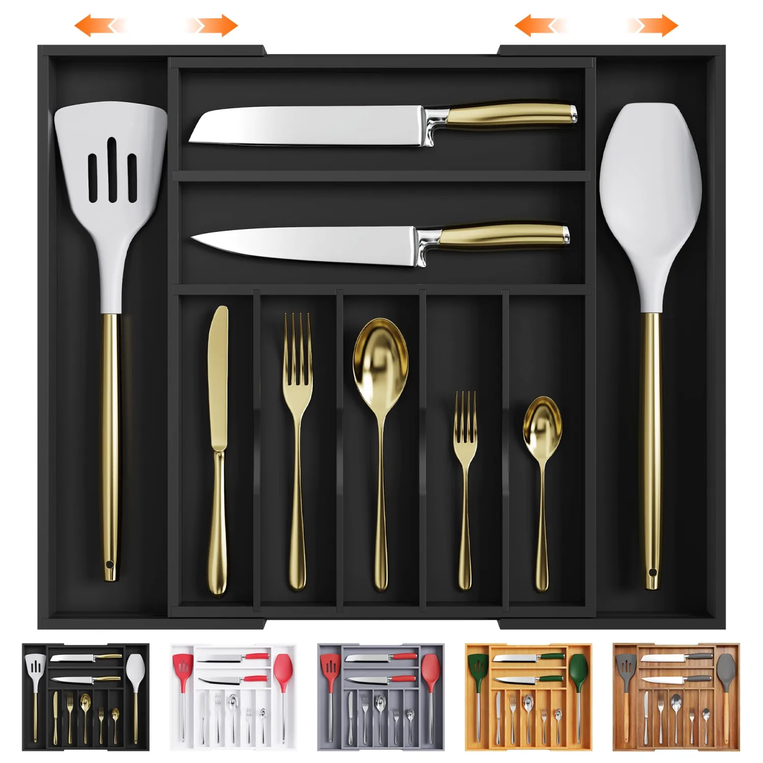 Bellsal Large Premium Bamboo Silverware Organizer - Expandable Utensil Drawer Organizer - 17"x19.6" Utensil Holder and Cutlery Tray with Grooved for Kitchen Flatware and Utensils(7-9 Slot, Black)