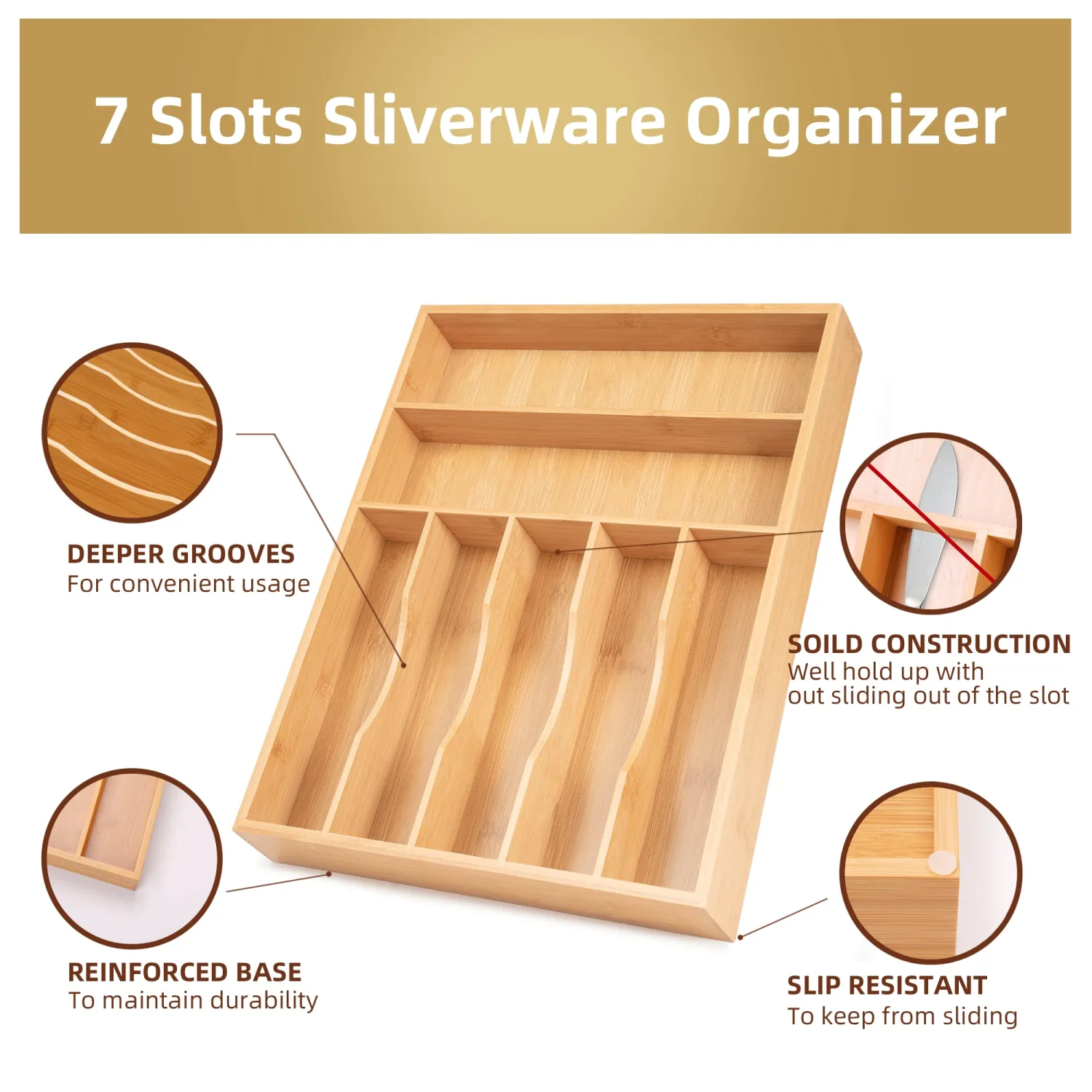 Besilord Silverware Organizer Kitchen Drawer Organizer Utensil Organizer Bamboo Silverware Holder Cutlery Organizer in Drawer Flatware Organizer Tray(7 slots, Natural