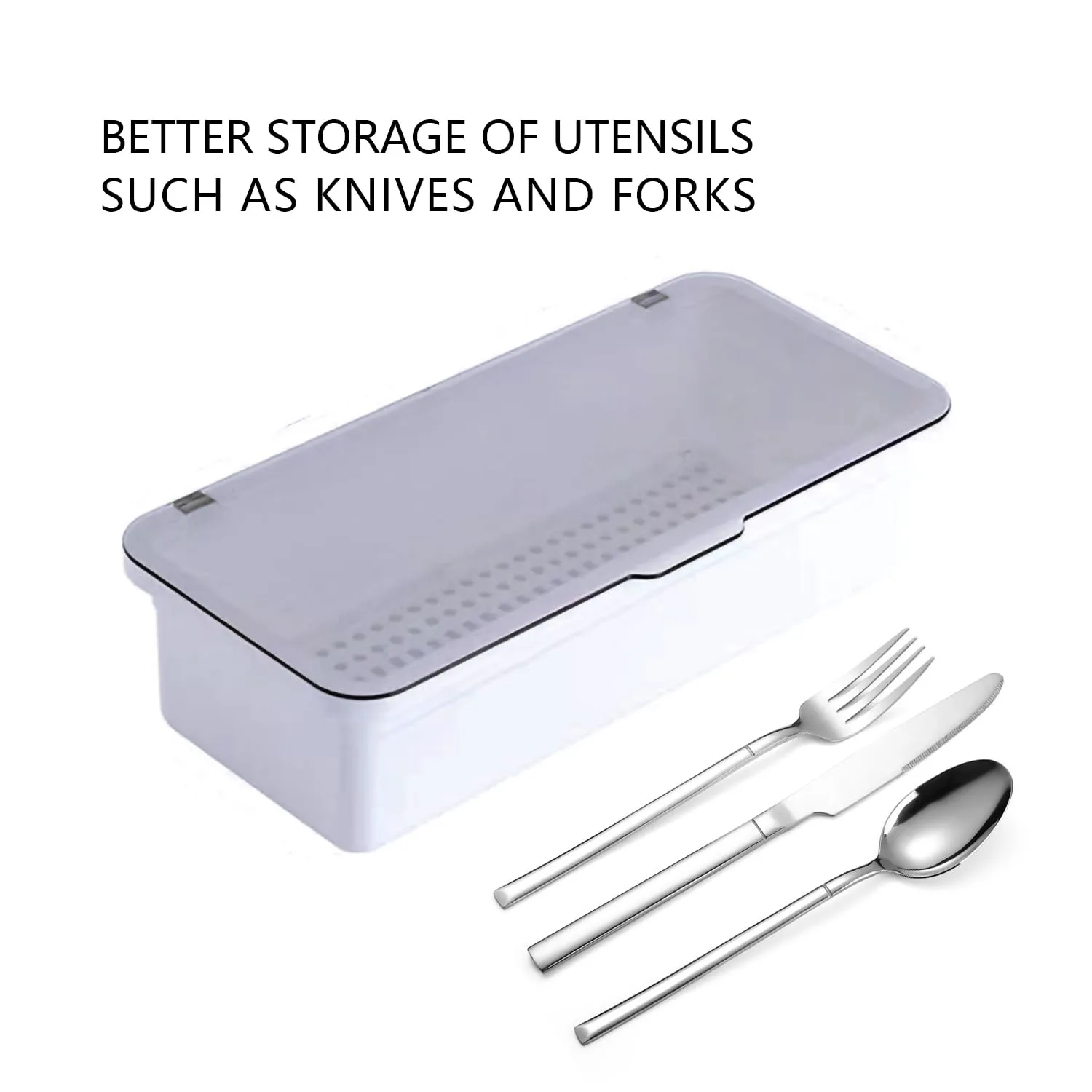 Flatware Tray with Lid and Drainer,Silverware Tray Kitchen Dinnerware Holder and Utensil Storage Container for Flatware and Silverware (White)