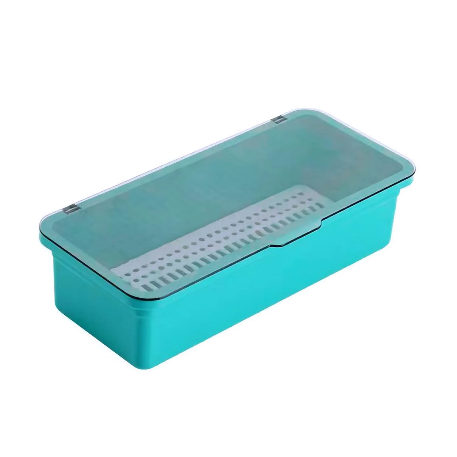 Flatware Tray with Lid and Drainer,Silverware Tray Kitchen Dinnerware Holder and Utensil Storage Container for Flatware and Silverware(Blue)