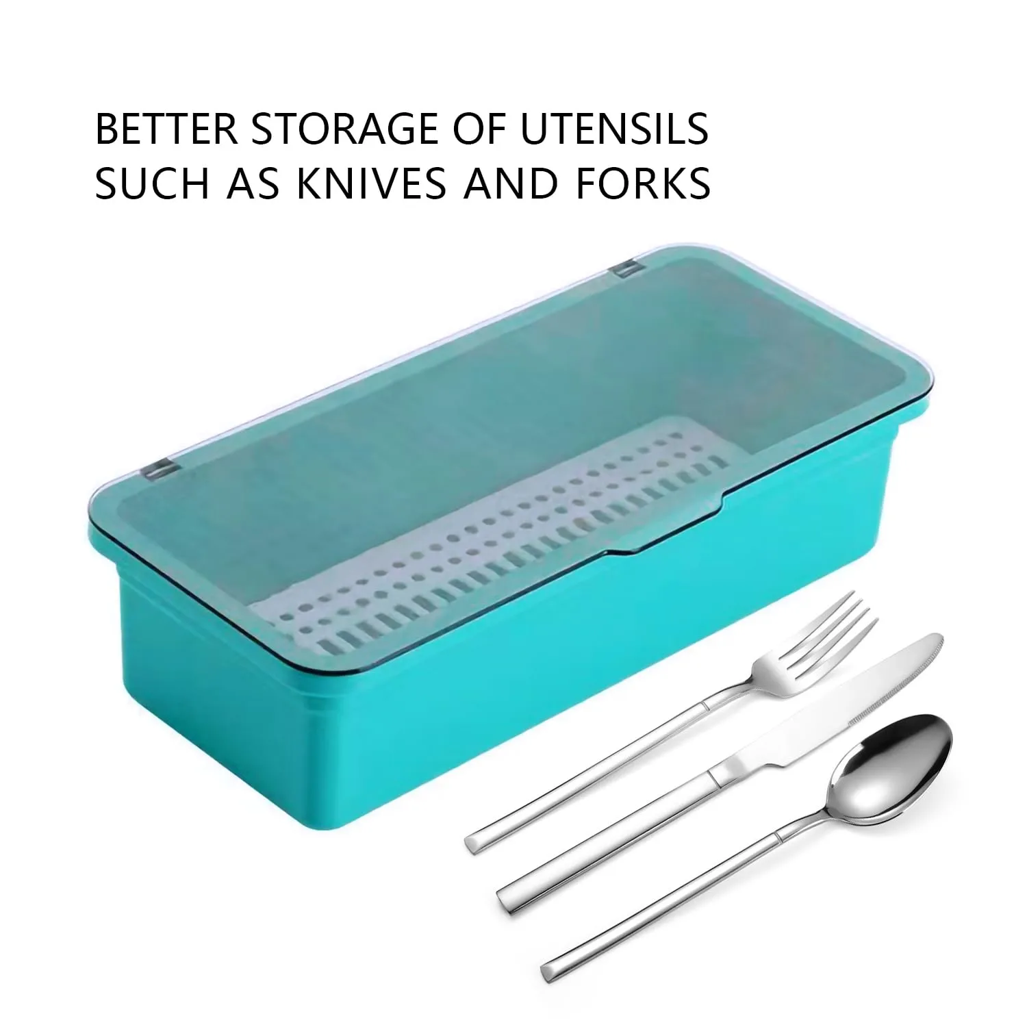 Flatware Tray with Lid and Drainer,Silverware Tray Kitchen Dinnerware Holder and Utensil Storage Container for Flatware and Silverware(Blue)