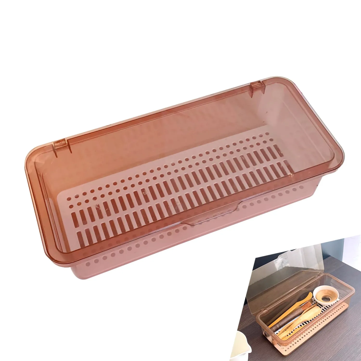 Flatware Tray with Lid and Drainer,Silverware Tray Kitchen Dinnerware Holder and Utensil Storage Container for Flatware and Silverware(Brown)