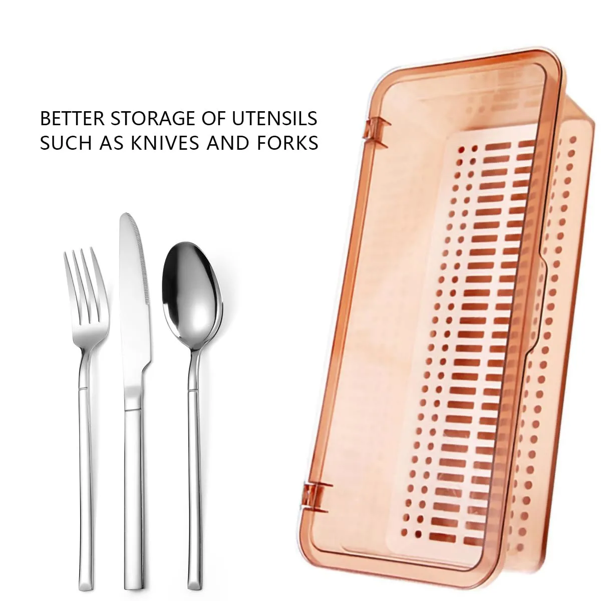 Flatware Tray with Lid and Drainer,Silverware Tray Kitchen Dinnerware Holder and Utensil Storage Container for Flatware and Silverware(Brown)