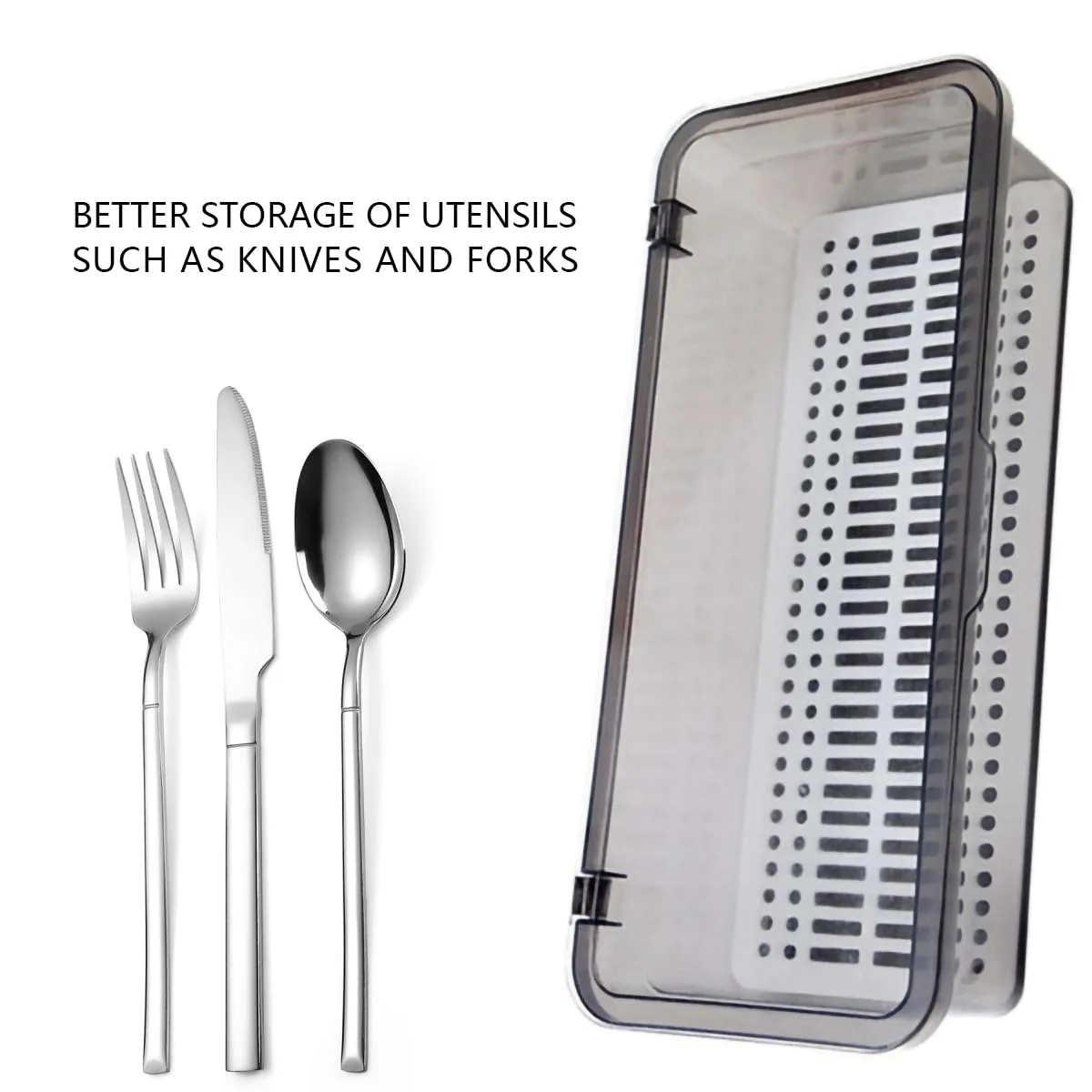 Flatware Tray with Lid and Drainer,Silverware Tray Kitchen Dinnerware Holder and Utensil Storage Container for Flatware and Silverware (Grey)