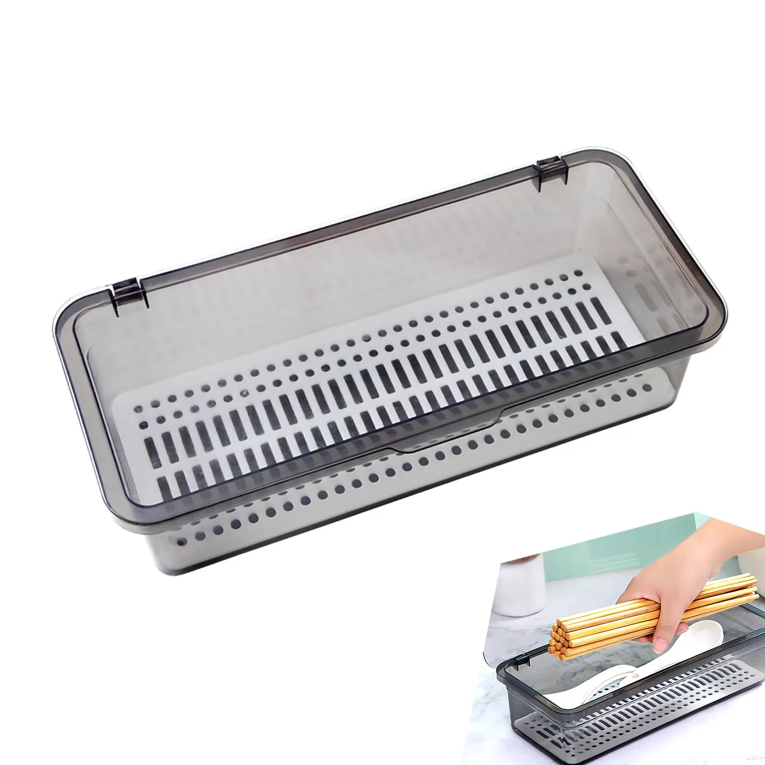 Flatware Tray with Lid and Drainer,Silverware Tray Kitchen Dinnerware Holder and Utensil Storage Container for Flatware and Silverware (Grey)