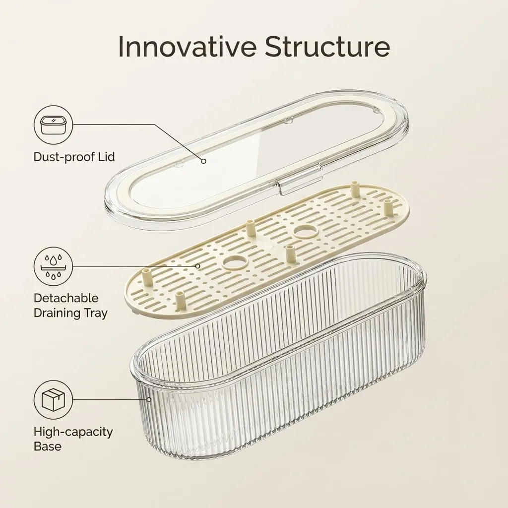 Flatware Tray with Lid,Silverware Tray with wavy patterns | Utensil Storage with Hollow Compartments, Quick Drain, Clear Stripes for Premium Table Setting