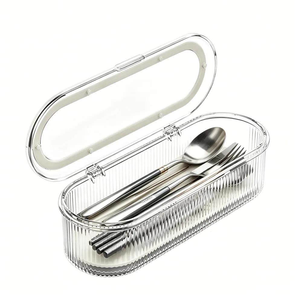 Flatware Tray with Lid,Silverware Tray with wavy patterns | Utensil Storage with Hollow Compartments, Quick Drain, Clear Stripes for Premium Table Setting