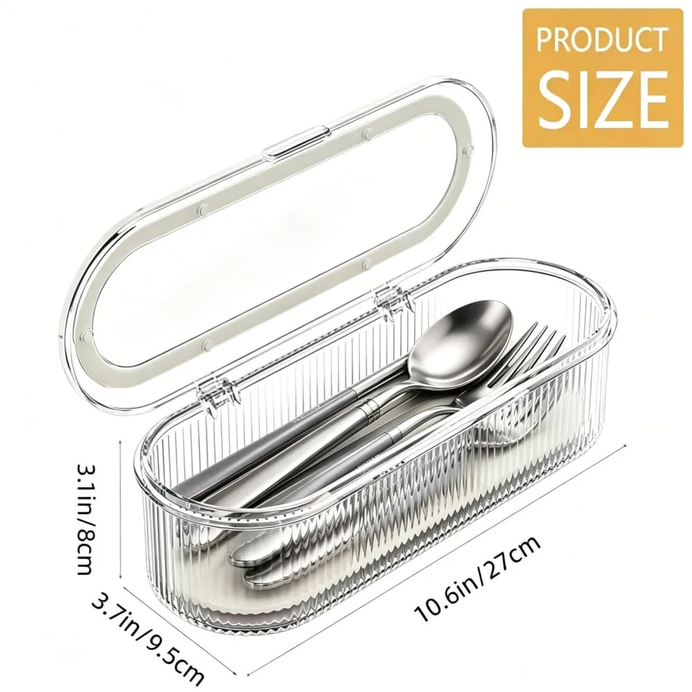 Flatware Tray with Lid,Silverware Tray with wavy patterns | Utensil Storage with Hollow Compartments, Quick Drain, Clear Stripes for Premium Table Setting