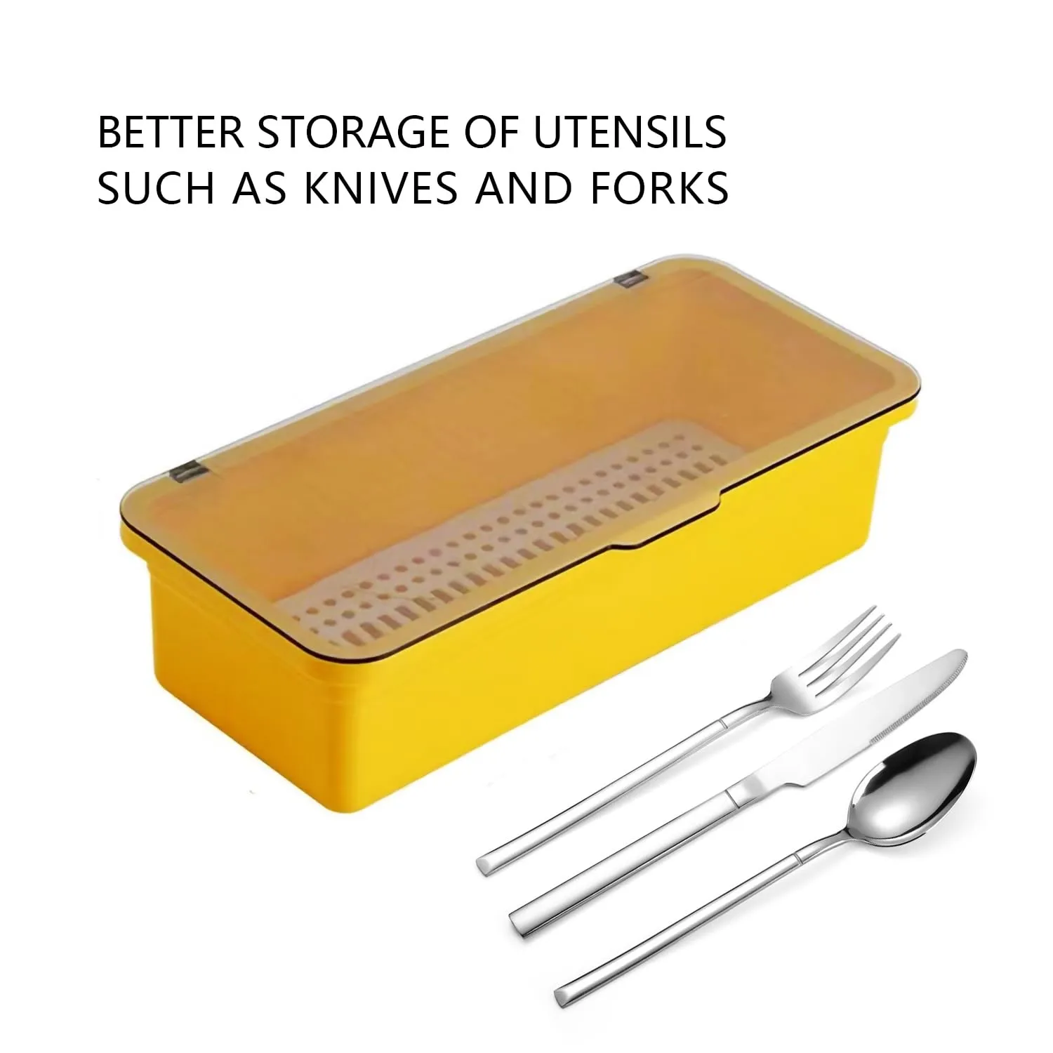 Flatware Tray with Lid and Drainer,Silverware Tray Kitchen Dinnerware Holder and Utensil Storage Container for Flatware and Silverware(Yellow)