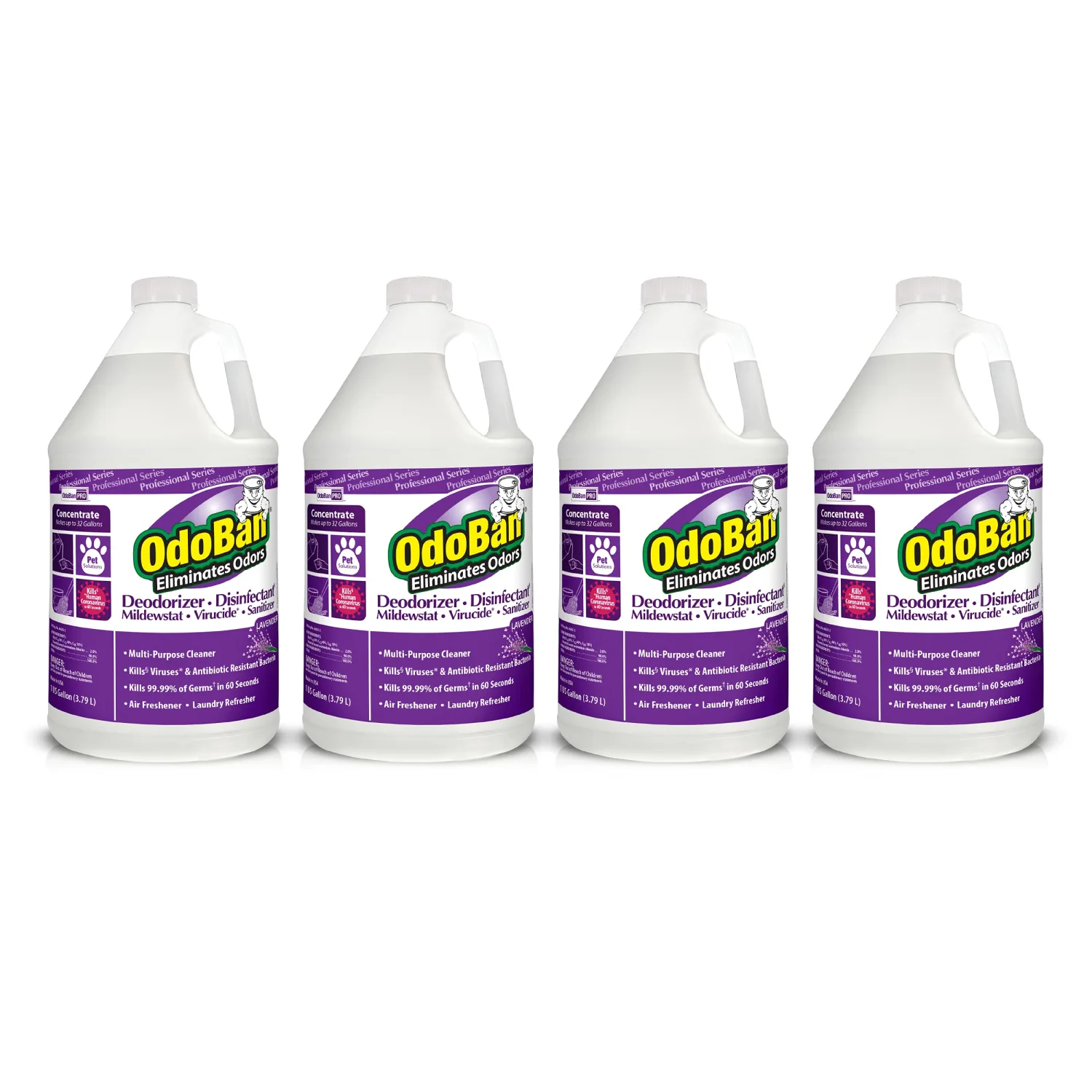 OdoBan Professional Disinfectant and Odor Eliminator Concentrate, Made in the USA, Lavender Scent, 4-Pack, 1 Gallon Each