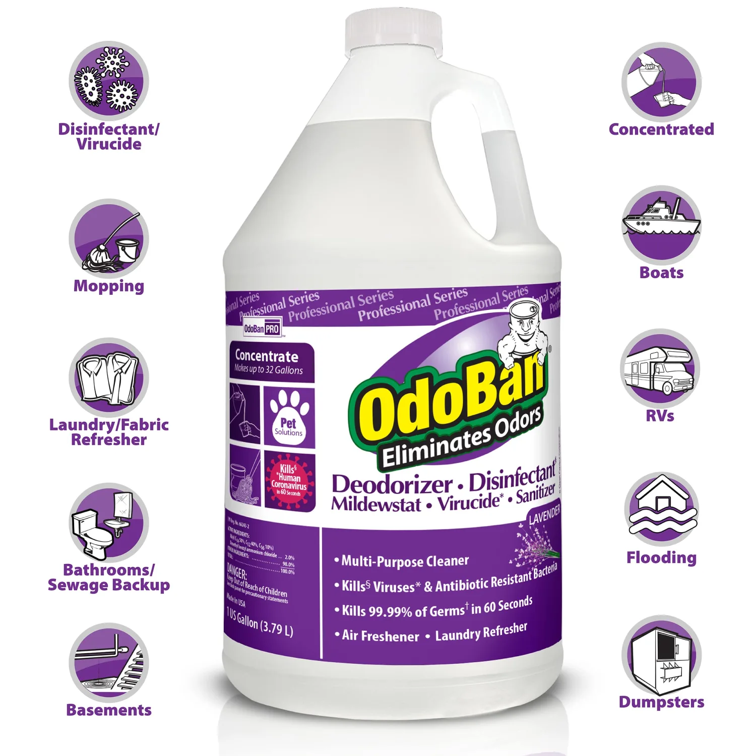 OdoBan Professional Disinfectant and Odor Eliminator Concentrate, Made in the USA, Lavender Scent, 4-Pack, 1 Gallon Each