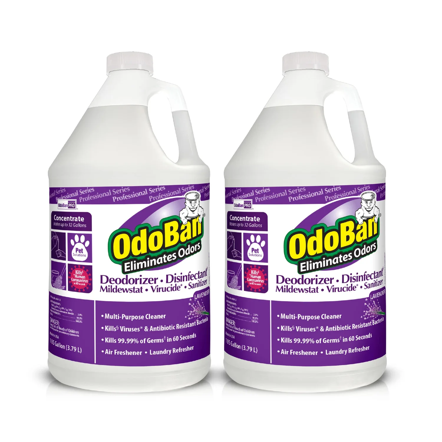 OdoBan Professional Disinfectant and Odor Eliminator Concentrate, Made in the USA, Lavender Scent, 2-Pack, 1 Gallon Each