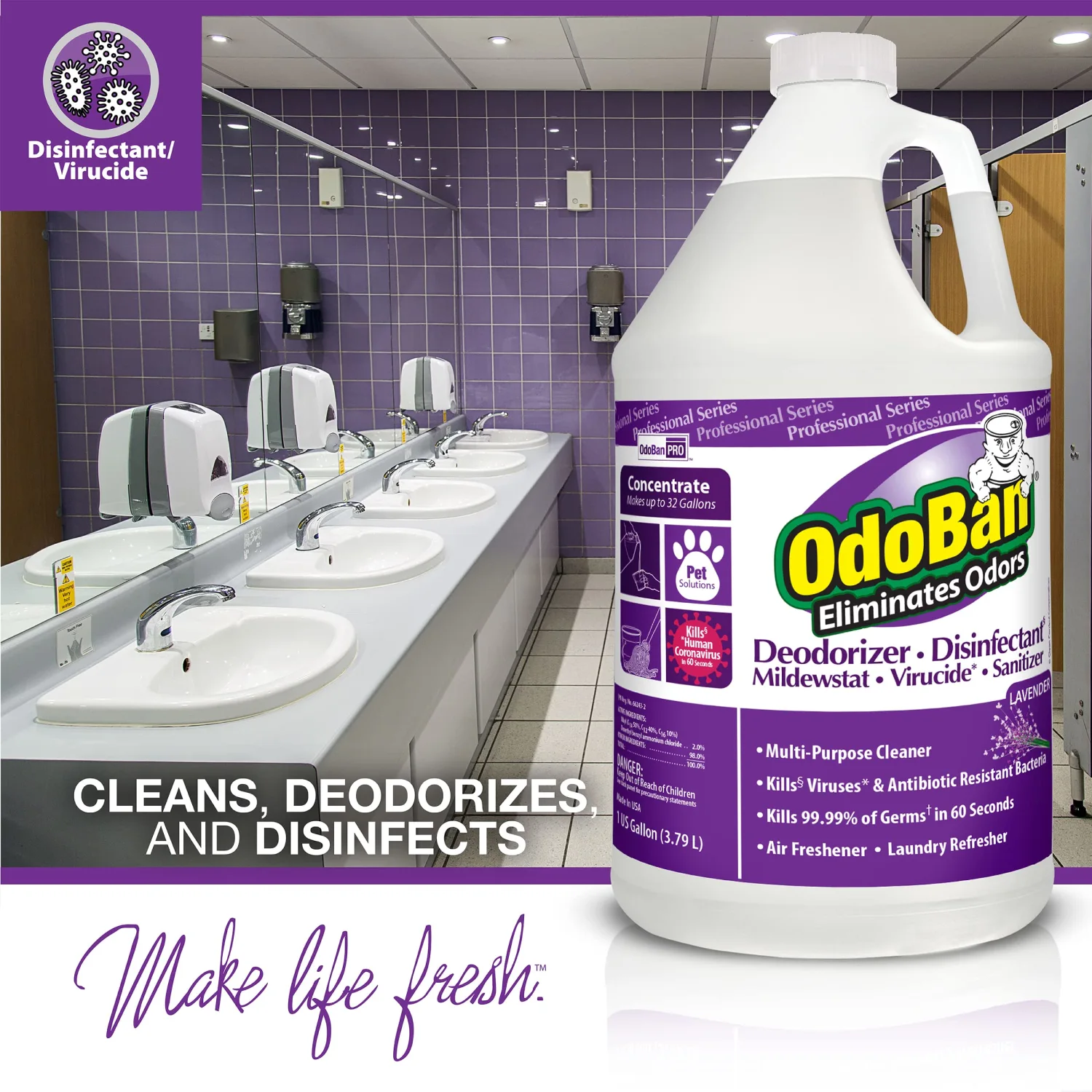 OdoBan Professional Disinfectant and Odor Eliminator Concentrate, Made in the USA, Lavender Scent, 2-Pack, 1 Gallon Each