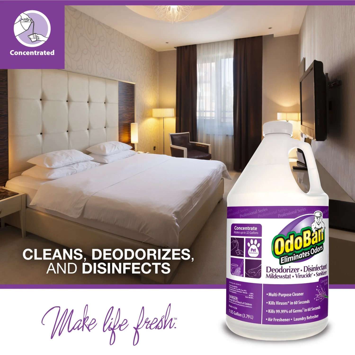 OdoBan Professional Disinfectant and Odor Eliminator Concentrate, Made in the USA, Lavender Scent, 1 Gallon
