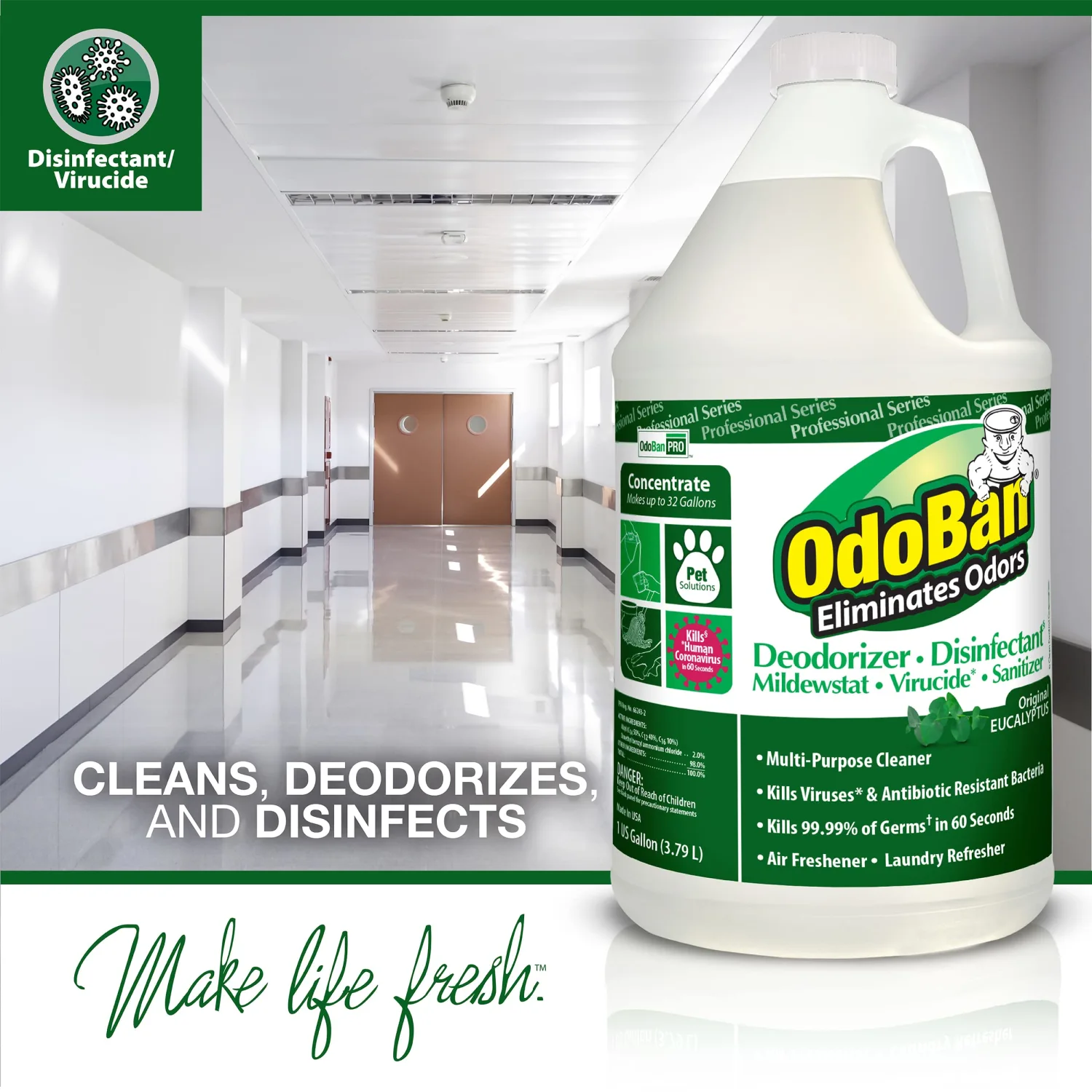 OdoBan Professional Disinfectant and Odor Eliminator Concentrate, 3-Pack, 1 Gallon Each, Original Eucalyptus Scent