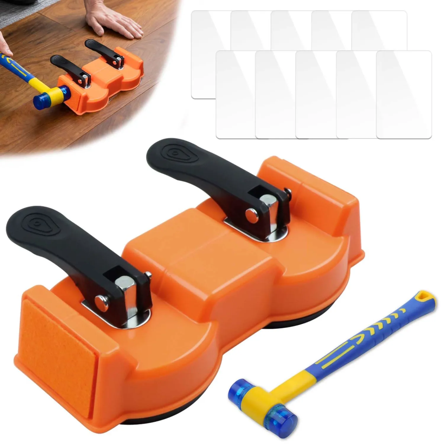 Floor Gap Fixer Tool with Dual Vacuum Suction Cups,Tool to Fix Floor Gaps | Floor Suction Repair Tool with Noise Reducing Felt Pads,Rubber Mallet &10 Adhesive Pads for Fixer Laminate,Hardwood Flooring