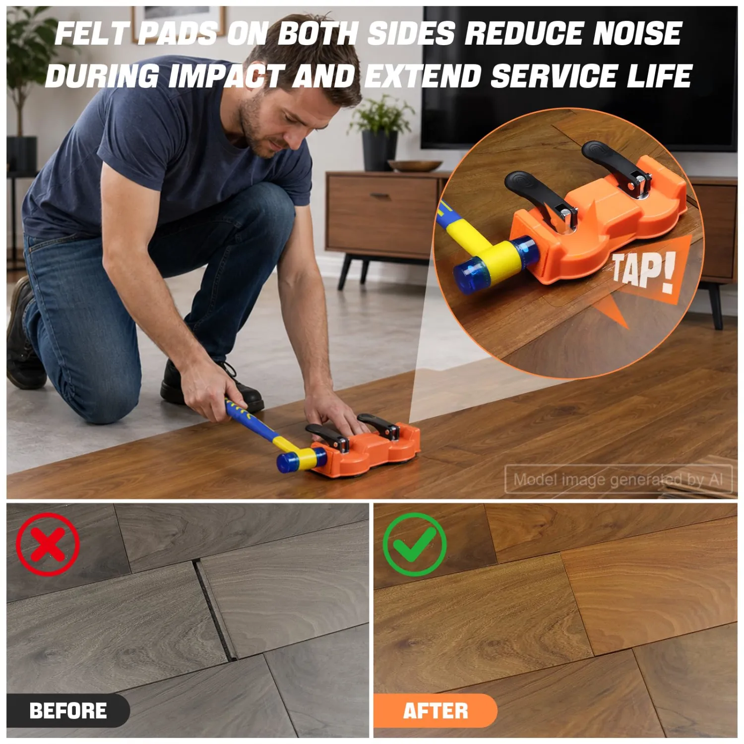 Floor Gap Fixer Tool with Dual Vacuum Suction Cups,Tool to Fix Floor Gaps | Floor Suction Repair Tool with Noise Reducing Felt Pads,Rubber Mallet &10 Adhesive Pads for Fixer Laminate,Hardwood Flooring