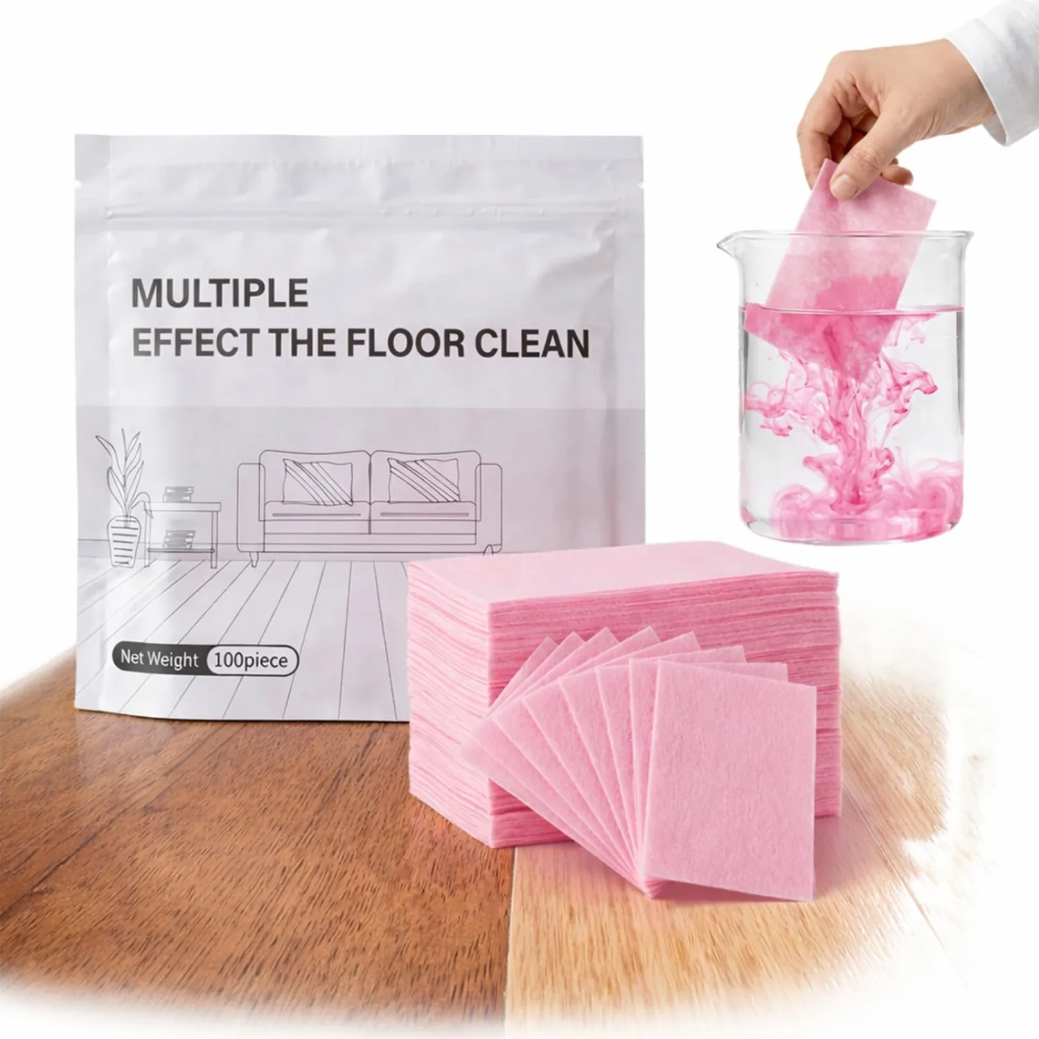 Multi-effect Floor Clean Tablets, 2026 New Multi-effect Floor Cleaning Sheets with Fresh Scent, 30/60/90/100/120Pcs, Suitable for Tile, Wood, Laminate, Kitchen, And Bathroom Care Use ，Pink：30