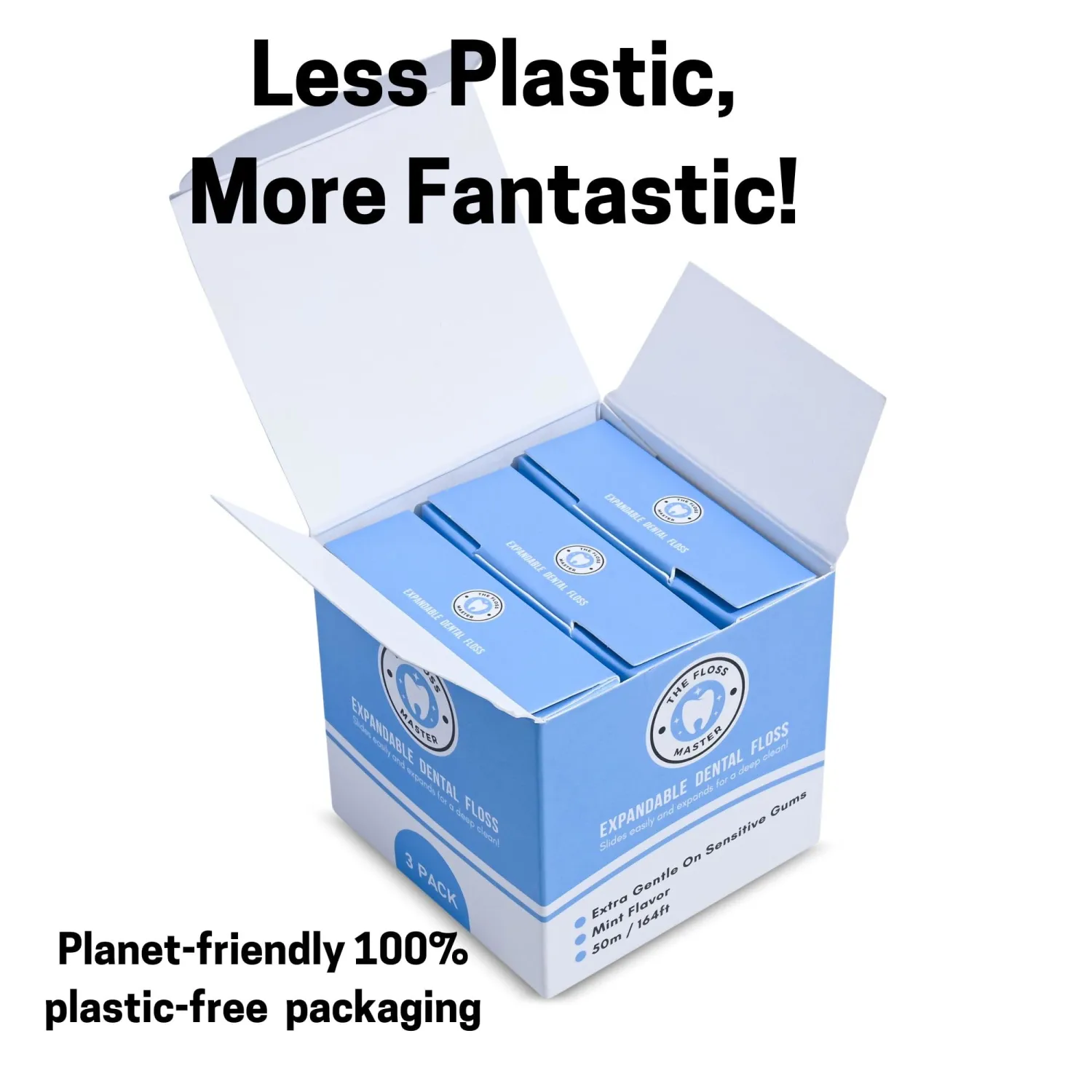 Expandable Dental Floss 3 Pack I Plastic-Free Dispenser I 50 Meter / 164 feet per Pack I Gentle Glide for Effective Cleaning I Mint Flavor