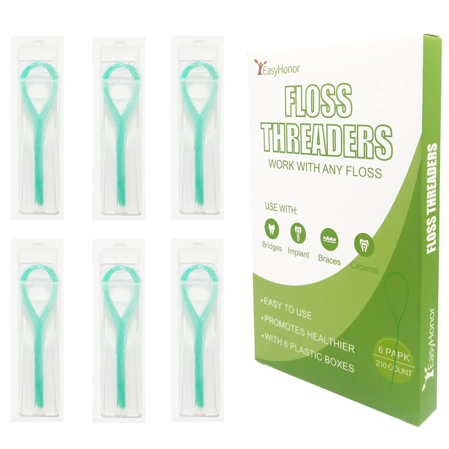 EasyHonor Dental Floss Threaders for Braces, Bridges, and Implants,Green, 210 Count (6 Pack)