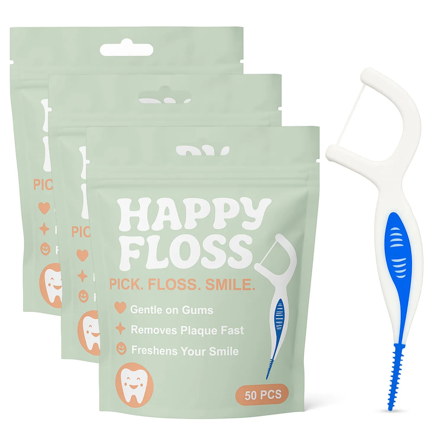 Dental Floss Picks 3-Pack 2-in-1 with Soft Interdental Pick for Sensitive Gums – Unflavored Floss Picks for Adults, BPA-Free Tooth Flosser Sticks, Daily Oral Care, 150 Count - Happy Floss