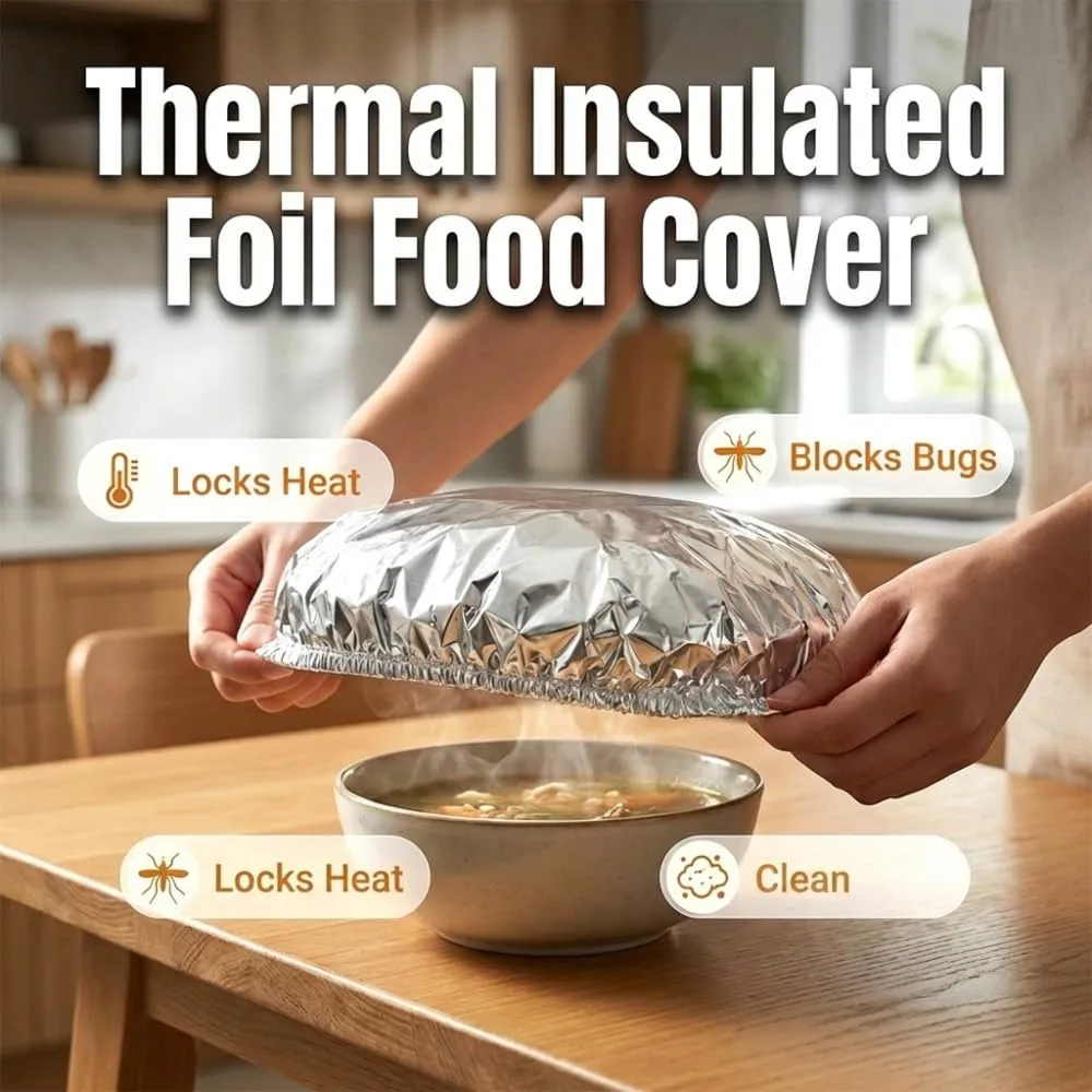 Reusable Aluminum Foil Food Covers, 2026 Upgraded Aluminum Foil Heat Retaining Covers, Heat-Insulating Elastic Flexible Kitchen Lids for Meal Prep Baking Leftovers Food Storage Bowls Plates (50)