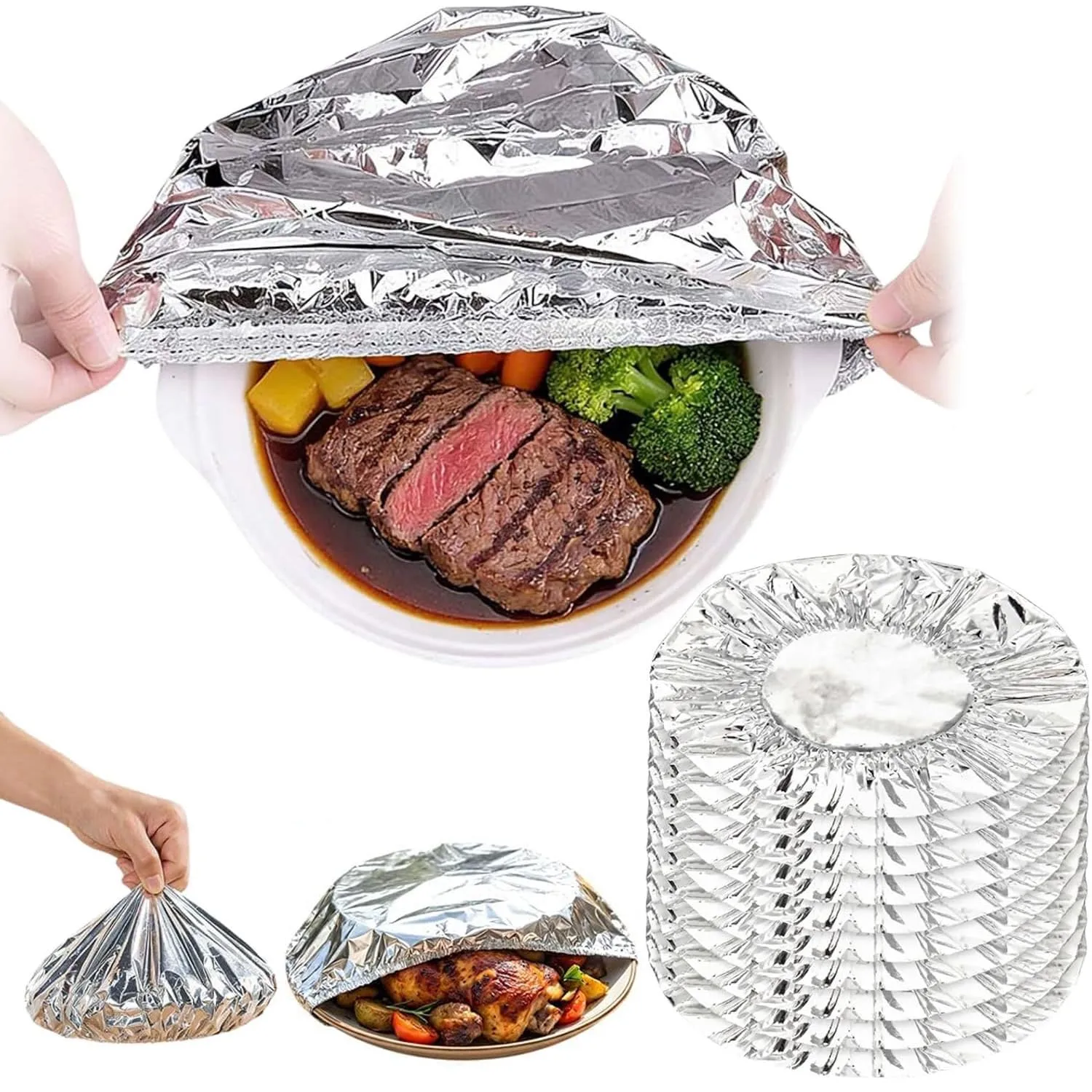 Reusable Aluminum Foil Food Covers, 2026 Upgraded Aluminum Foil Heat Retaining Covers, Heat-Insulating Elastic Flexible Kitchen Lids for Meal Prep Baking Leftovers Food Storage Bowls Plates (50)